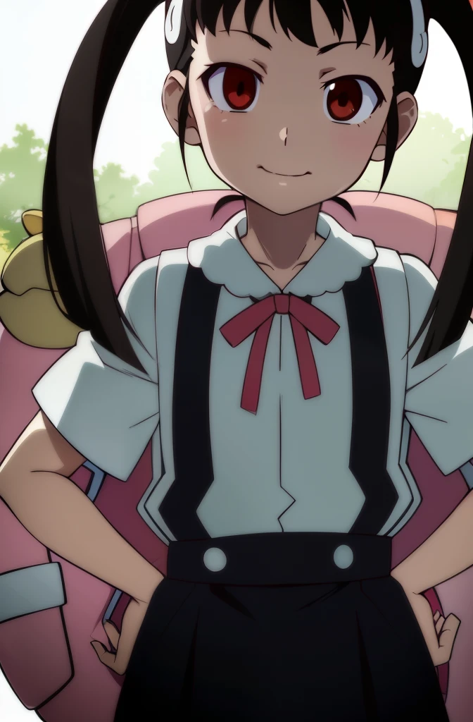 Hachikuji Mayoi, backpack, hight resolution, absurderes, Standing, Hands on hips, Looking at Viewer, Smile,  Anime,