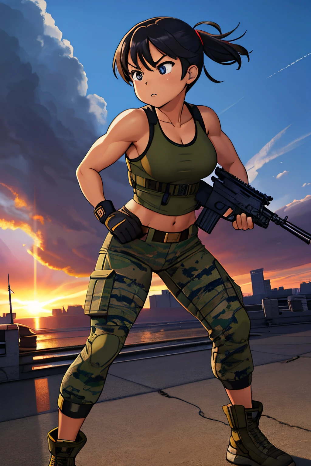 Full body, hq artwork, 24 year old, Filipino Woman, tan skin, short black hair, wearing marine corps uniform, athletic physique, strong muscles, military girl, soldier girl, infantry girl, camouflage uniform, torn tank top, belly button, gloves, torn military pants, small, cleavage, expression of determination, attack action, face close-up, action with impact, fighting on the battlefield, full body, perspective composition, exaggerated composition, perfect composition, perfect eyes, large perspective, dynamic composition, background is ruined city, most strongest pose, female action anime girl, full body, striking manga artstyle, official art, official artwork, power girl, closeup view, badass pose, anime cover, wallpaper!, full art