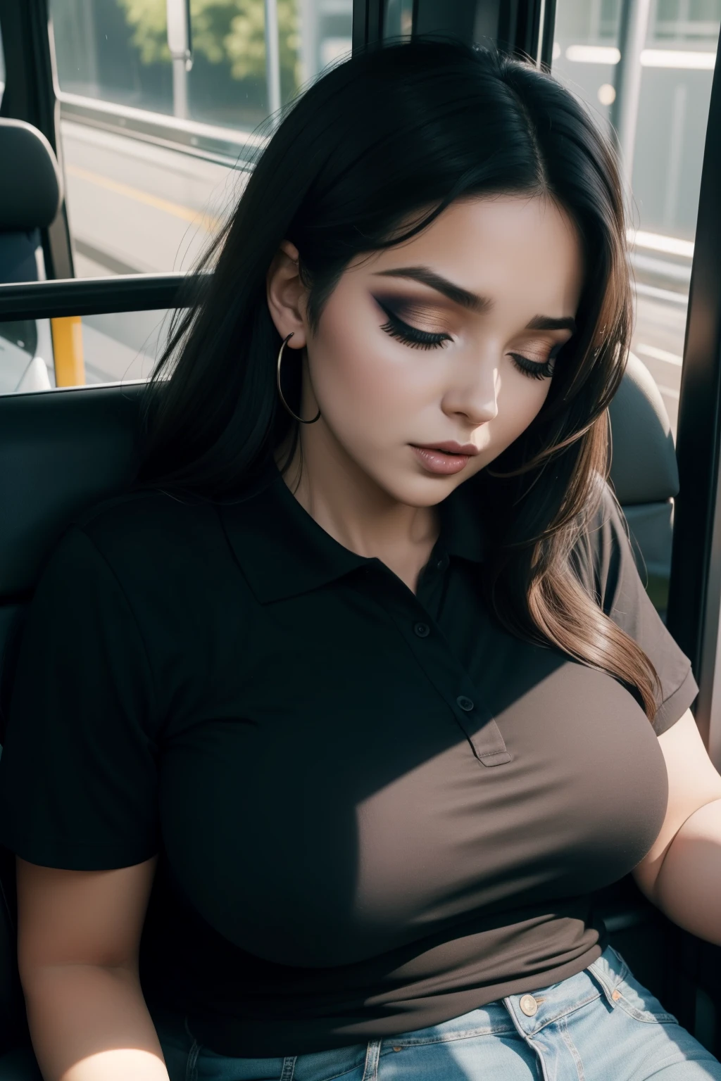 1 beautiful woman, 50-year-old lady, ((Very intense makeup)), sleeping with her mouth open, eyes closed, black hair, sleeping sitting on the bus, jeans, black polo shirt, big breasts, outlined eyes, drooling, snoring, passed out, black bag, head on the bus window, sitting by the window, voluptuous woman, mouth wide open