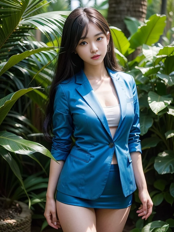 ((top-quality、in 8K、​masterpiece:1.3、Raw photo))、Super high quality photos, In the tropical jungle, ((Wearing a business suit with a blue jacket and skirt)), ((Perfect beauty 20 year old idol Japan woman)), ((protruding nipples under the shirt,)), ((slim figure)), ((Slim legs)), ((slim thigh)), ((Perfect beauty 20 year old idol Japan woman)), (Photorealistic: 1.4), (Ultra-high detail), (hyper realisitic: 1.4), (Realistic: 1.3), (Smooth lighting: 1.05), Full body, 1girl in, Solo, (Japanese actressl),　20yr old, cinematlic lighting, ((slim figure)), ((Leaner figure)), Good anatomy, Correct anatomy, In the tropical jungle, ((Perfect beauty 20 year old idol Japan woman)), ((slim figure)), ((Slim legs)), ((slim thigh)), ,((Perfect beauty)),