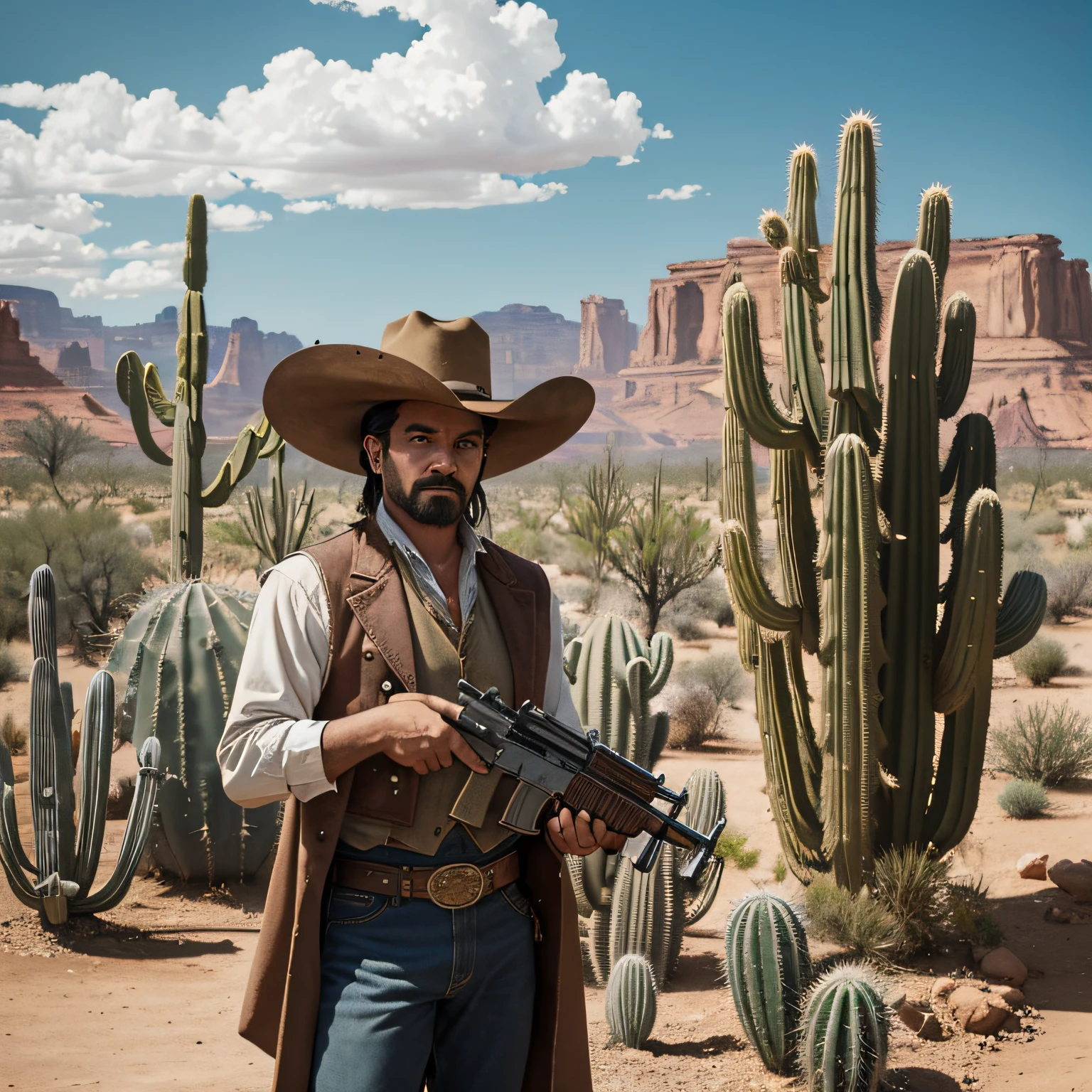 Wild west era, many cacti, big cactus, gunman wearing a western hat, photographed next to a cactus, (Masterpiece), (Best Quality), (Ultra high Detailes)