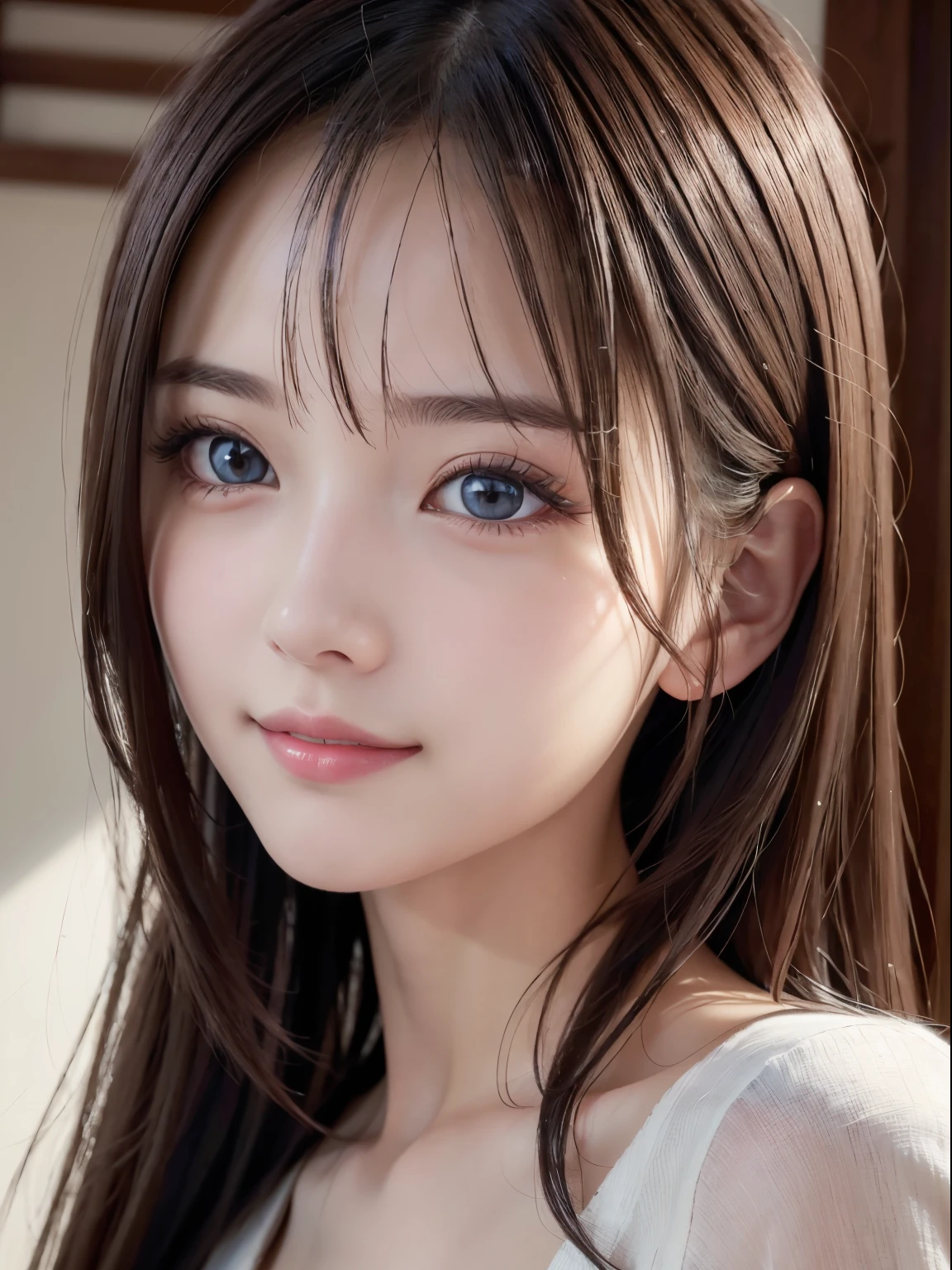 ​masterpiece、1 beautiful girl、A detailed eye、Puffy eyes、top-quality, 超A high resolution, (Realisticity: 1.4), cinematlic lighting、japanes、Asian Beauty、Super beauty、(age19:1.3)、Beautiful skin、A slender、The body is facing forward、(A hyper-realistic)、(hight resolution)、(8K)、(ighly detailed)、(Best Illustration)、(beautifully detailed eyes)、(ultra-detailliert)、 (ssmile)、A detailed face、Bright lighting、profetional lighting、looking at viewert、Facing straight ahead、