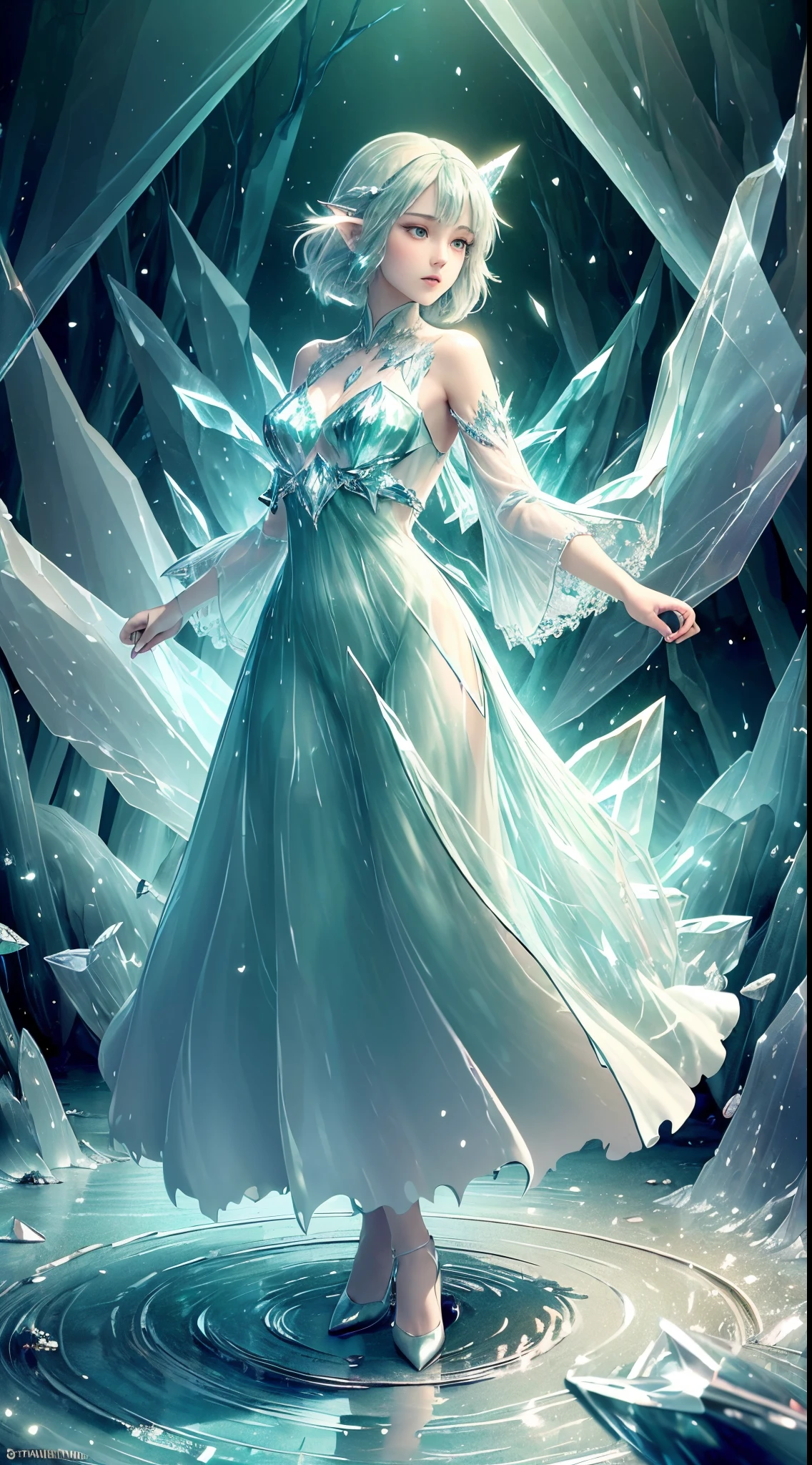 (Masterpiece, Top Quality, Best, Official Art, Beautiful and Aesthetic, Long Exposure: 1.2), Smooth Movement, Charming Patterns, 1 Girl, (Long Dress with Sleeves: 1.3), (((Green Clothes) )), upper body close-up, bare shoulders, Chinese girl, blush, black lob hair, portrait, solo, upper body, looking at the observer, detailed background, detailed face, (crystallineAI, crystalline theme:1.1), elemental wood elf, rotation foliage, control foliage, emerald clothing, dynamic pose, floating particles, ethereal dynamics, foliage, vapor, forest in the background, green tint, forest, ethereal atmosphere,