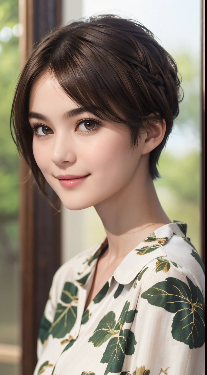 111
(a 20 yo woman,is standing), (A hyper-realistic), (high-level image quality), ((beautiful hairstyle 46)), ((short-hair)), (Gentle smile), (breasted:1.1), (wildlife print clothing)