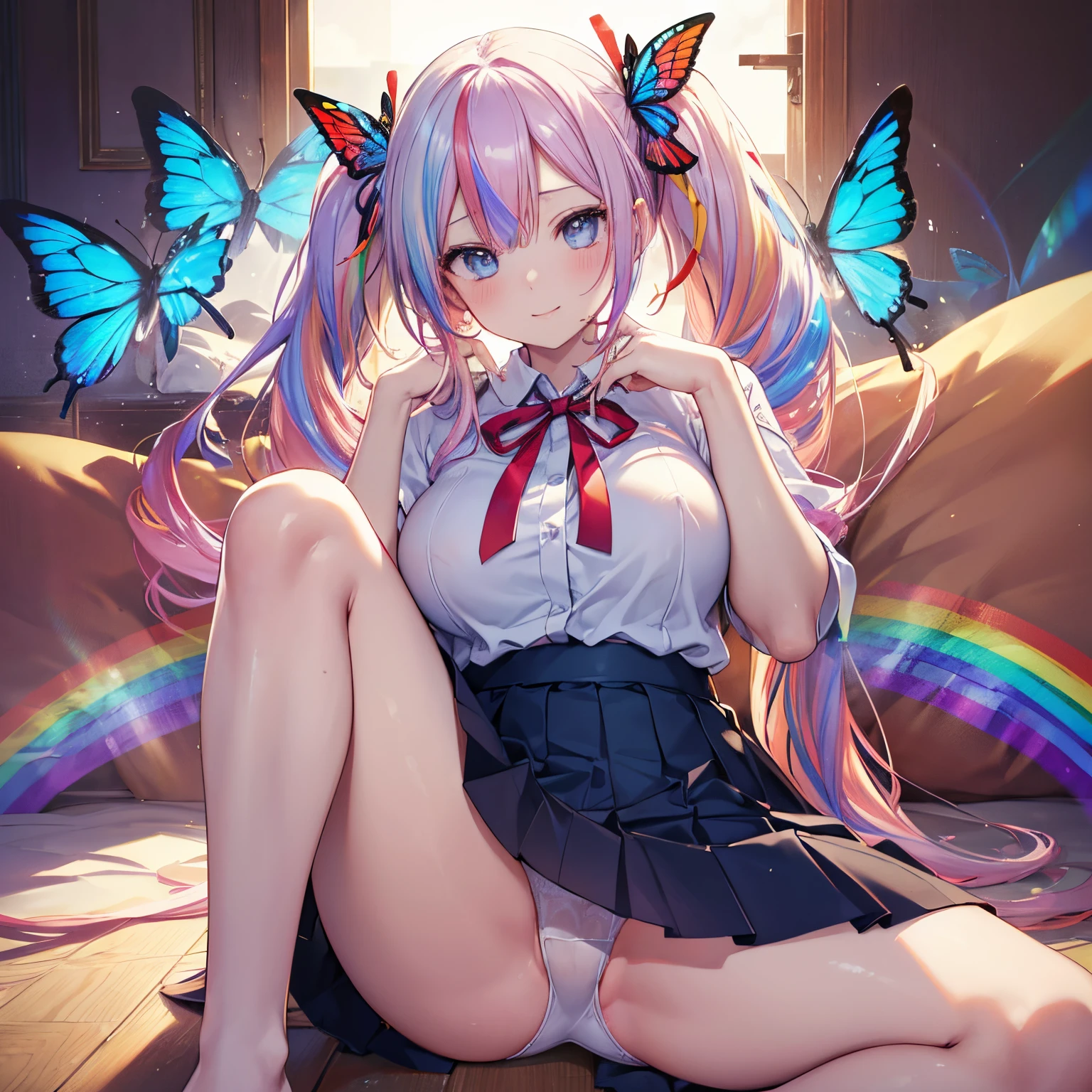 (masutepiece:1.3), (8K, Photorealistic, Raw photo, Best Quality: 1.4), Beautiful face, (Realistic face), Beautiful detailed eyes, (Realistic skin), Attractive, Intricate details,Golden ratio, 1 girl,Naughty smile, (rainbow hair:1.4),((Long twintails,Ribbon 1.4)),(Blue butterfly hair ornament),My whole body was soaked..,Loose hair,Blushing and shy,Spread your legs,lift up one's skirt,white panties,Soft lips,Cute big breasts
