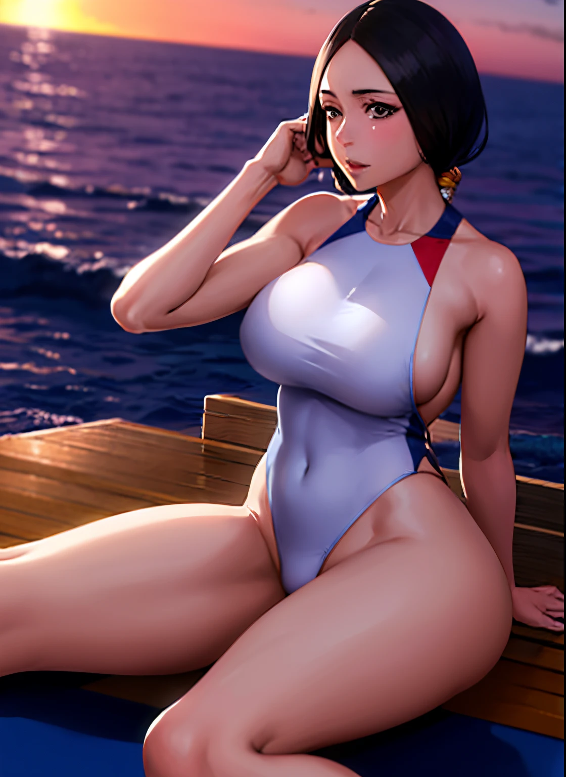 Anime girl in a swimsuit sitting on the beach at sunset, Commission for high resolution, Portrait of a seductive girl, oc commission, onepiece swimsuit, garments:High-cut swimwear, girl in a white tank suit, Wearing a one-piece swimsuit, white high leg racing swimwear, Competitive swimsuit, High Leg Racing Swimwear, highleg, girl with very long black hair, tying one&#39;s hair,  huge tit, girl with very big breasts, wearing a swimming wear, [ 4 k digital art ]!!, highly detailed exquisite fanart,