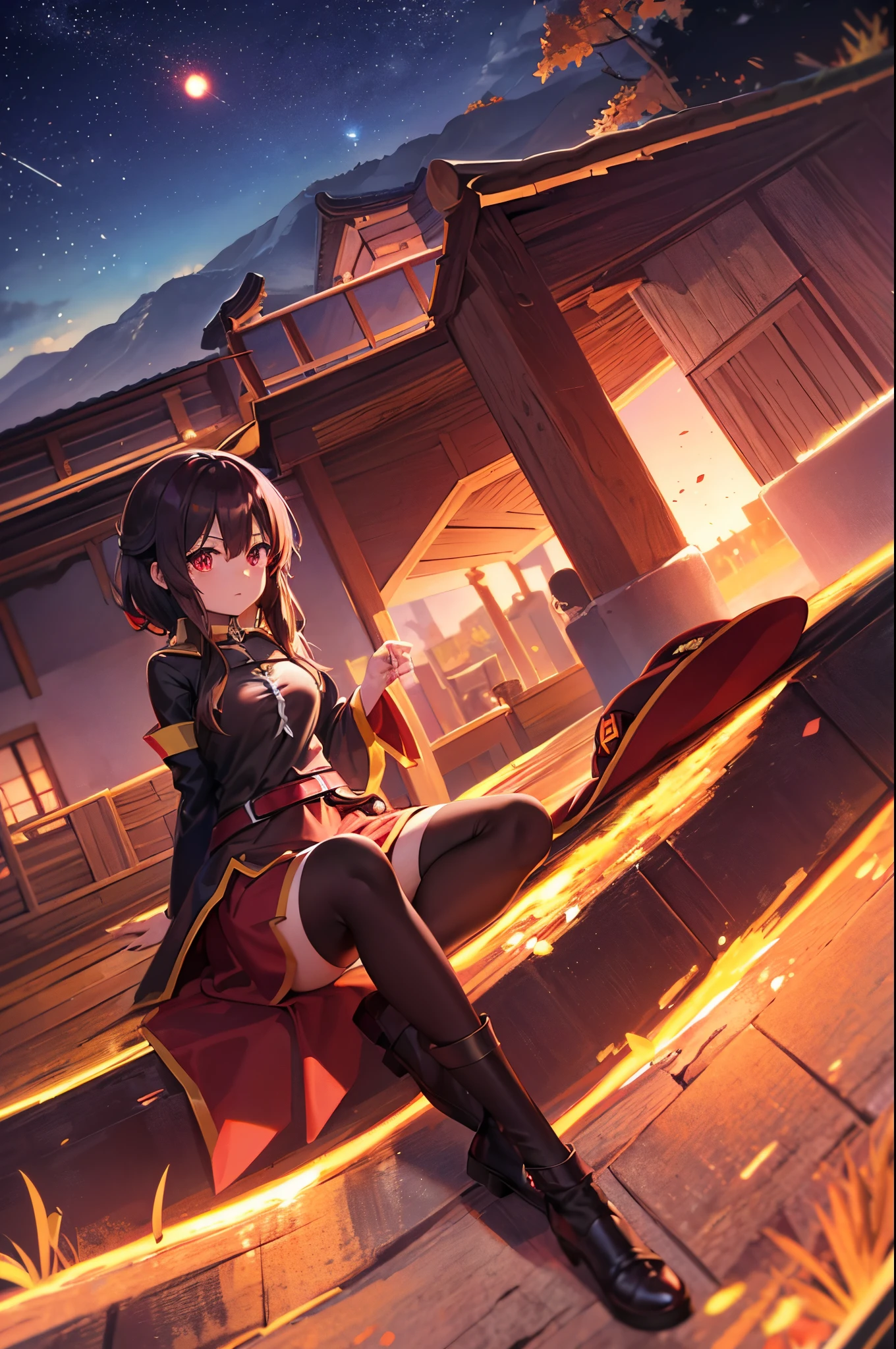 Megumin \(Konosuba\) , red eyes , cabelos castanhos curto, fundo da natureza, Sakura, noite