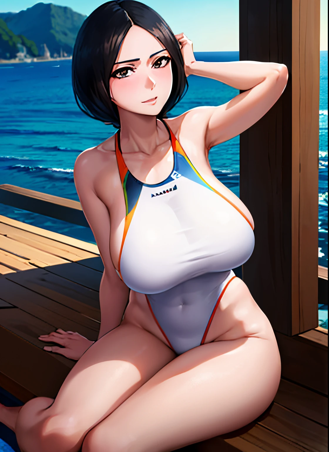 Anime girl in a swimsuit sitting on the beach at sunset, Commission for high resolution, Portrait of a seductive girl, oc commission, onepiece swimsuit, garments:High-cut swimwear, girl in a white tank suit, Wearing a one-piece swimsuit, white high leg racing swimwear, Competitive swimsuit, High Leg Racing Swimwear, highleg, girl with very long black hair, tying one&#39;s hair,  huge tit, girl with very big breasts, wearing a swimming wear, [ 4 k digital art ]!!, highly detailed exquisite fanart,