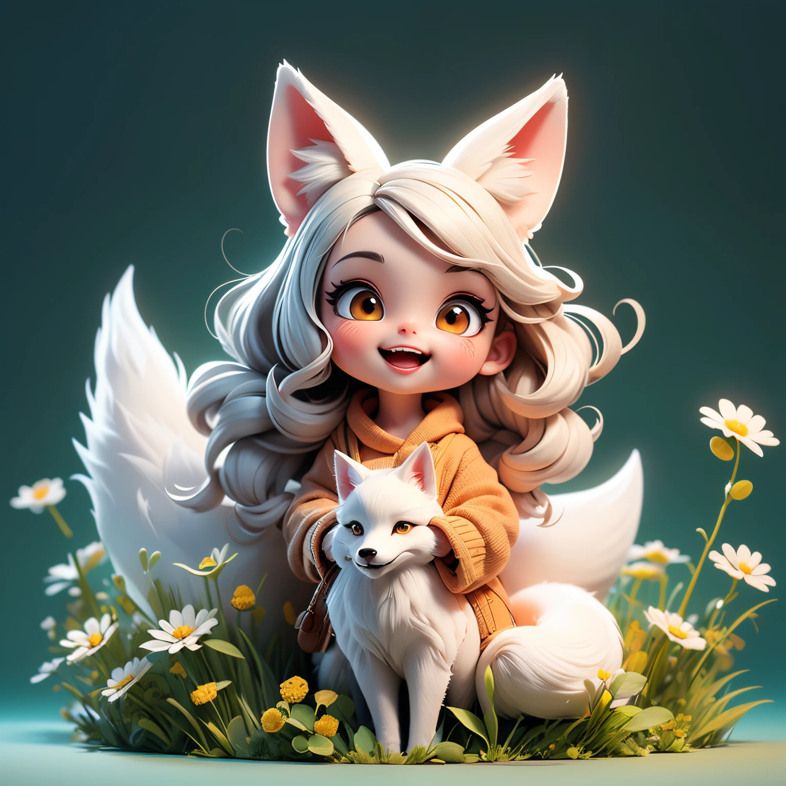 (cute girl with big white fox ears,Illustration,flowing long hair,playful expression),(Best Quality,Ultra-detailed,Photorealistic:1.37),garden background,vibrant colours,warm lightings