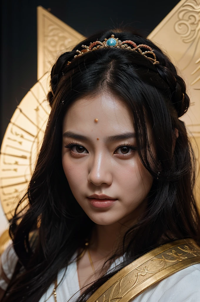 a close up of a woman with a tia on her head, a young woman as genghis khan, inspired by Oka Yasutomo, queen of the sea mu yanling, portrait of mulan, portrait of modern darna, natasha tan maciej kuciara, inspired by Li Mei-shu, inspired by Li Tang, inspired by Zhang Yin, fanart