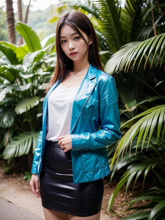 ((top-quality、in 8K、​masterpiece:1.3、Raw photo))、Super high quality photos, In the tropical jungle, ((Wearing a business suit with a blue jacket and skirt)), ((Wear a white blouse under the jacket)), ((Perfect beauty 20 year old idol Japan woman)), ((protruding nipples under the shirt,)), ((slim figure)), ((Slim legs)), ((slim thigh)), ((Perfect beauty 20 year old idol Japan woman)), (Photorealistic: 1.4), (Ultra-high detail), (hyper realisitic: 1.4), (Realistic: 1.3), (Smooth lighting: 1.05), Full body, 1girl in, Solo, (Japanese actressl),　20yr old, cinematlic lighting, ((slim figure)), ((Leaner figure)), Good anatomy, Correct anatomy, In the tropical jungle, ((Perfect beauty 20 year old idol Japan woman)), ((slim figure)), ((Slim legs)), ((slim thigh)), ,((Perfect beauty)),