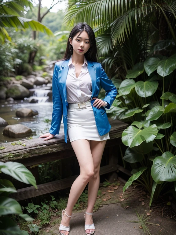 ((top-quality、in 8K、masterpiece:1.3、Raw photo))、Super high quality photos, In the tropical jungle, ((Wearing a business suit with a blue jacket and skirt)), ((Wear a white blouse under the jacket)), ((Perfect beauty 20 year old idol Japan woman)), ((protruding nipples under the shirt,)), ((slim figure)), ((Slim legs)), ((slim thigh)), ((Perfect beauty 20 year old idol Japan woman)), (Photorealistic: 1.4), (Ultra-high detail), (hyper realisitic: 1.4), (Realistic: 1.3), (Smooth lighting: 1.05), Full body, 1girl in, Solo, (Japanese actressl), 20yr old, cinematlic lighting, ((slim figure)), ((Leaner figure)), Good anatomy, Correct anatomy, In the tropical jungle, ((Perfect beauty 20 year old idol Japan woman)), ((slim figure)), ((Slim legs)), ((slim thigh)), ,((Perfect beauty)),