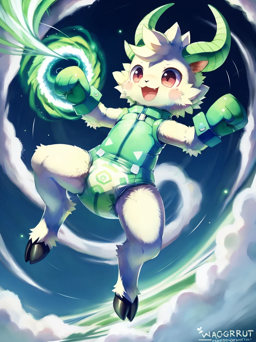 ((by wadorigi on Twitter)(Lamb)), pokemon, ??? proportions, cute, adorable , thin thighs, hooves, upper limb hooves, light green fur, horns made of emerald , powerful green spiral wind current on surroundings, ( glowing green swirling whirlwind effect), surrounded by green swirling hurricanes of magic, multiple green swirling whirlwinds on background, wearing soggy messy padded diaper leotard straitjacket, (leather cube shaped padded fist mitts), leather wrist cuffs, sky diving, in sky