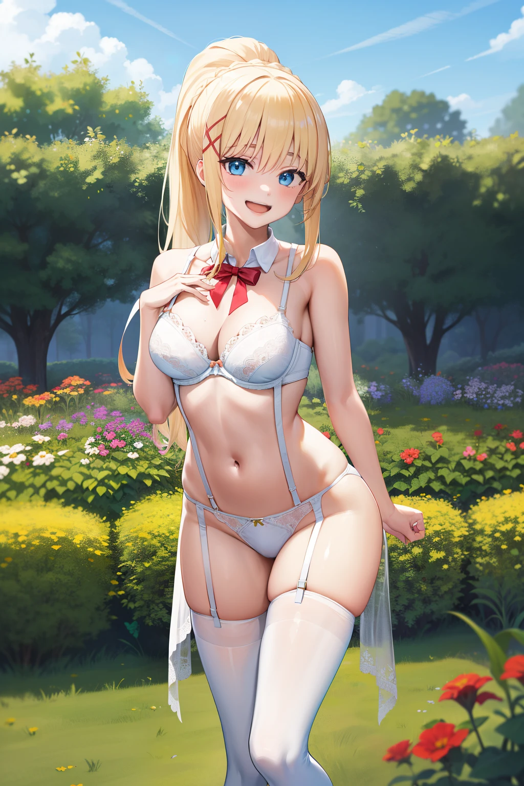 masterpiece, best quality, highres, aarurutie,1girl, white bra, white tight panties, white suspenders and stockings. standing, garden, smile, open mouth, long hair, blonde hair, x hair ornament, blue eyes, ponytail, hair ornament,