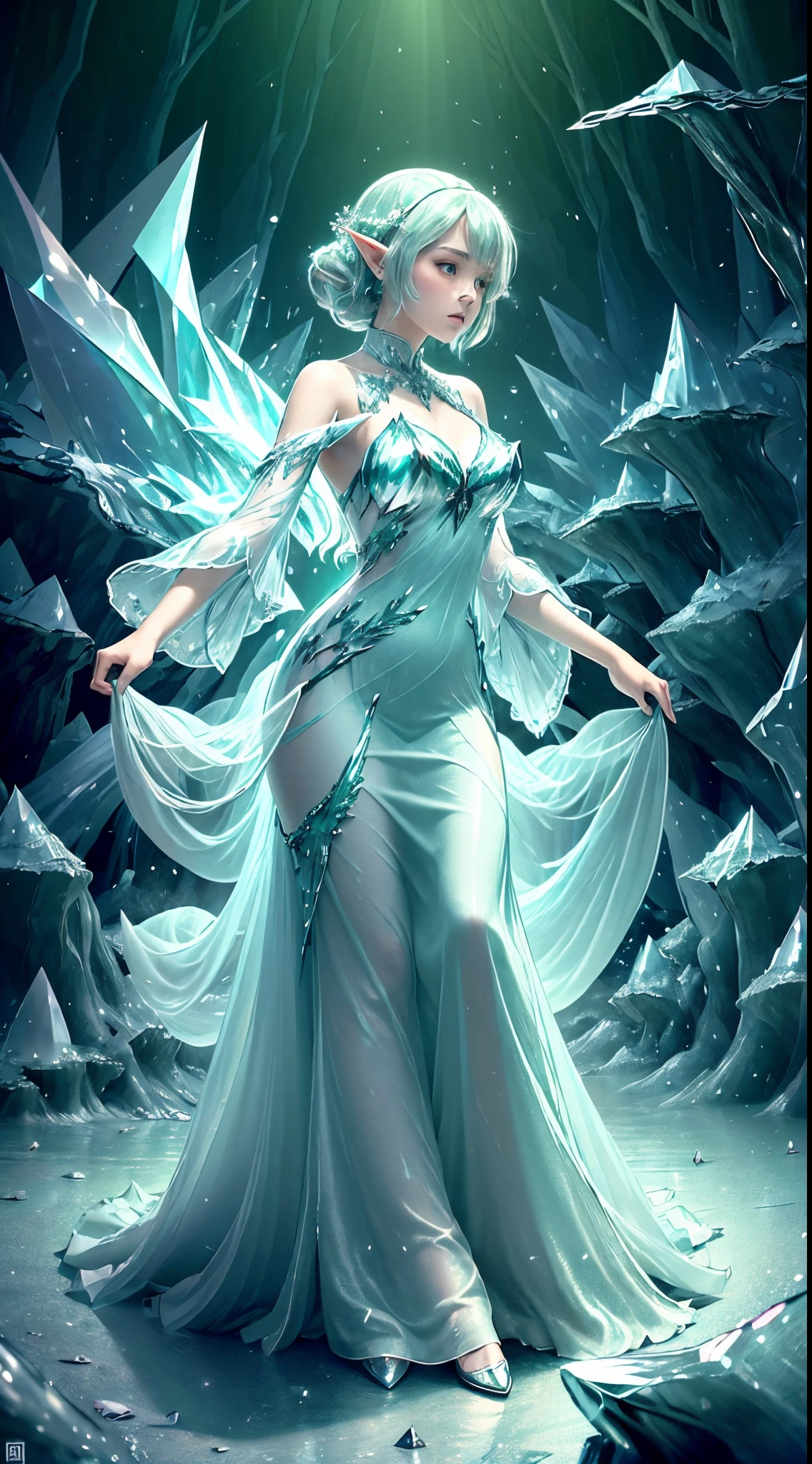 (Masterpiece, Top Quality, Best, Official Art, Beautiful and Aesthetic, Long Exposure: 1.2), Smooth Movement, Charming Patterns, 1 Girl, (Long Dress with Sleeves: 1.3), (((Green Clothes) )), upper body close-up, bare shoulders, Chinese girl, blush, black lob hair, portrait, solo, upper body, looking at the observer, detailed background, detailed face, (crystallineAI, crystalline theme:1.1), elemental wood elf, rotation foliage, control foliage, emerald clothing, dynamic pose, floating particles, ethereal dynamics, foliage, vapor, forest in the background, green tint, forest, ethereal atmosphere,