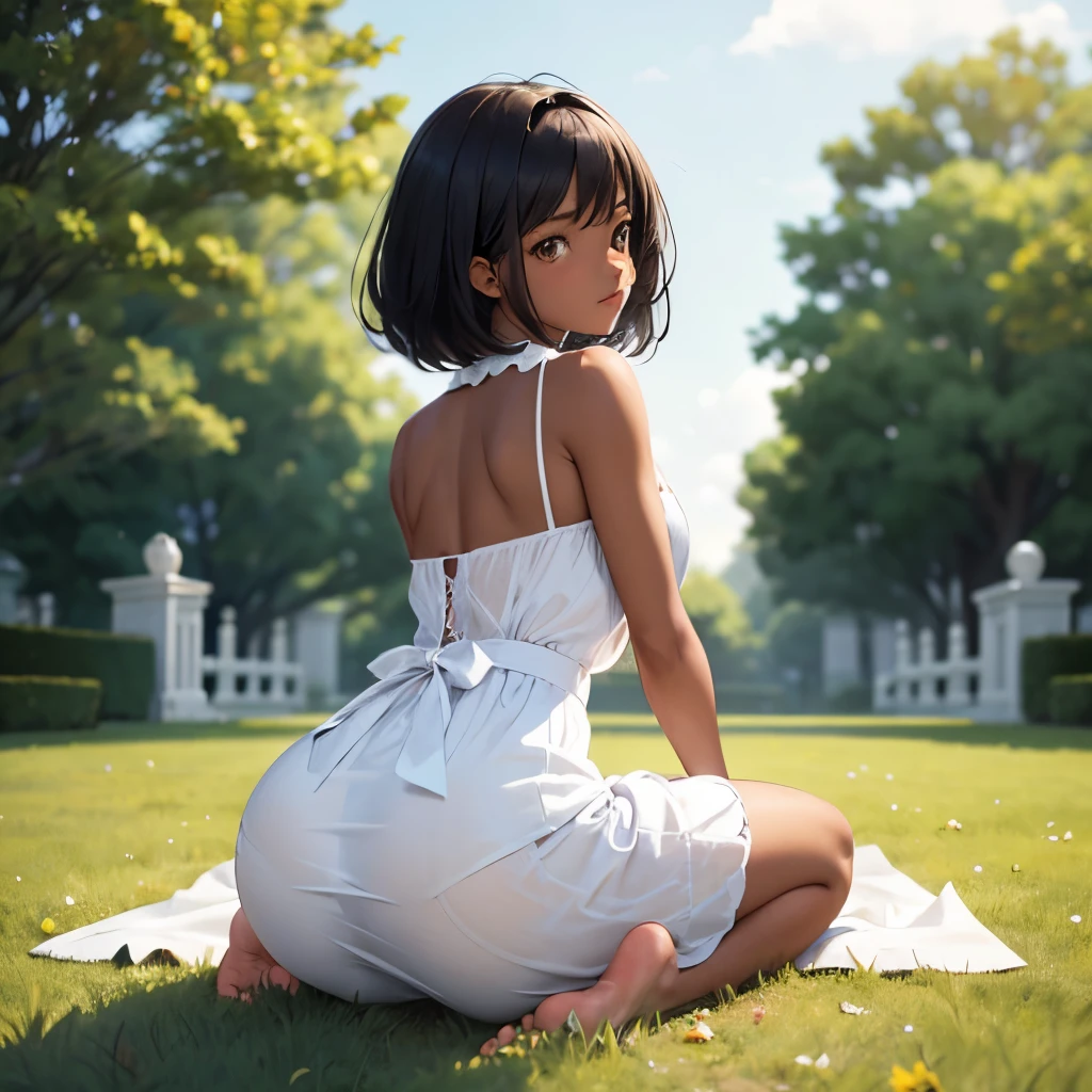 1girl in,Cute dark-skinned girl is played with by a big dog、Sit with your buttocks on the ground.,Idol-level cuteness,Brown-skinned,I'm about to start crying.,Short black hair that shows the forehead,Accurately drawn face,A slender,tre anatomically correct,perfectly proportions,Hold your head,Sit with your butt on the ground and put on your pants,White neat dress,Border pattern cotton panties,Apparently so'It's scary to see a large dog playing with correct explanations..,masterpiece,hiquality,on the lawn of the mansion'Garden of,