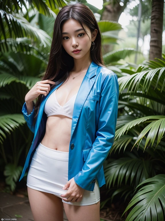 ((top-quality、in 8K、masterpiece:1.3、Raw photo))、Super high quality photos, In the tropical jungle, ((Wearing a business suit with a blue jacket and skirt)), ((Wear a white blouse under the jacket)), ((Perfect beauty 20 year old idol Japan woman)), ((a smile)), ((protruding nipples under the shirt,)), ((slim figure)), ((Slim legs)), ((slim thigh)), ((Perfect beauty 20 year old idol Japan woman)), (Photorealistic: 1.4), (Ultra-high detail), (hyper realisitic: 1.4), (Realistic: 1.3), (Smooth lighting: 1.05), Full body, 1girl in, Solo, (Japanese actressl), 20yr old, cinematlic lighting, ((slim figure)), ((Leaner figure)), Good anatomy, Correct anatomy, In the tropical jungle, ((Perfect beauty 20 year old idol Japan woman)), ((slim figure)), ((Slim legs)), ((slim thigh)), ,((Perfect beauty)),