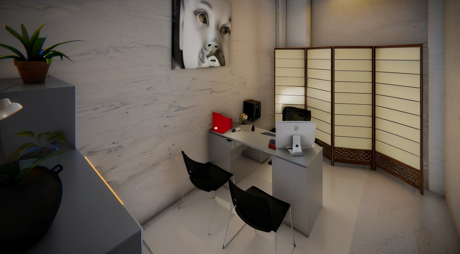 There is a computer desk in the room,There is a laptop on it, rendered in vray, render 3d, 3D rendering style, Light rendering, 3D final rendering, 3D final rendering, rendervray, Very realistic 3D rendering, finalrender, photographic render, Professional 3D rendering, Rendered in Unreal Engine 3D
