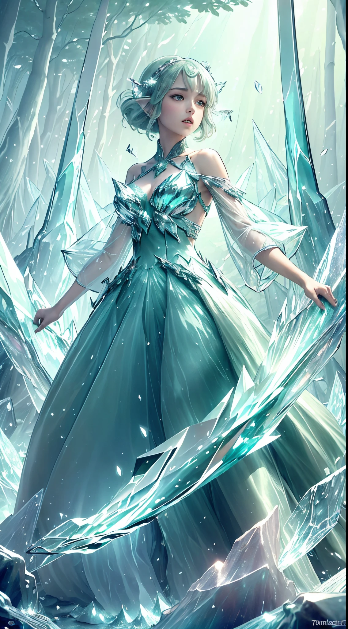 (Masterpiece, Top Quality, Best, Official Art, Beautiful and Aesthetic, Long Exposure: 1.2), Smooth Movement, Charming Patterns, 1 Girl, (Long Dress with Sleeves: 1.3), (((Green Clothes) )), upper body close-up, bare shoulders, Chinese girl, blush, black lob hair, portrait, solo, upper body, looking at the observer, detailed background, detailed face, (crystallineAI, crystalline theme:1.1), elemental wood elf, rotation foliage, control foliage, emerald clothing, dynamic pose, floating particles, ethereal dynamics, foliage, vapor, forest in the background, green tint, forest, ethereal atmosphere,