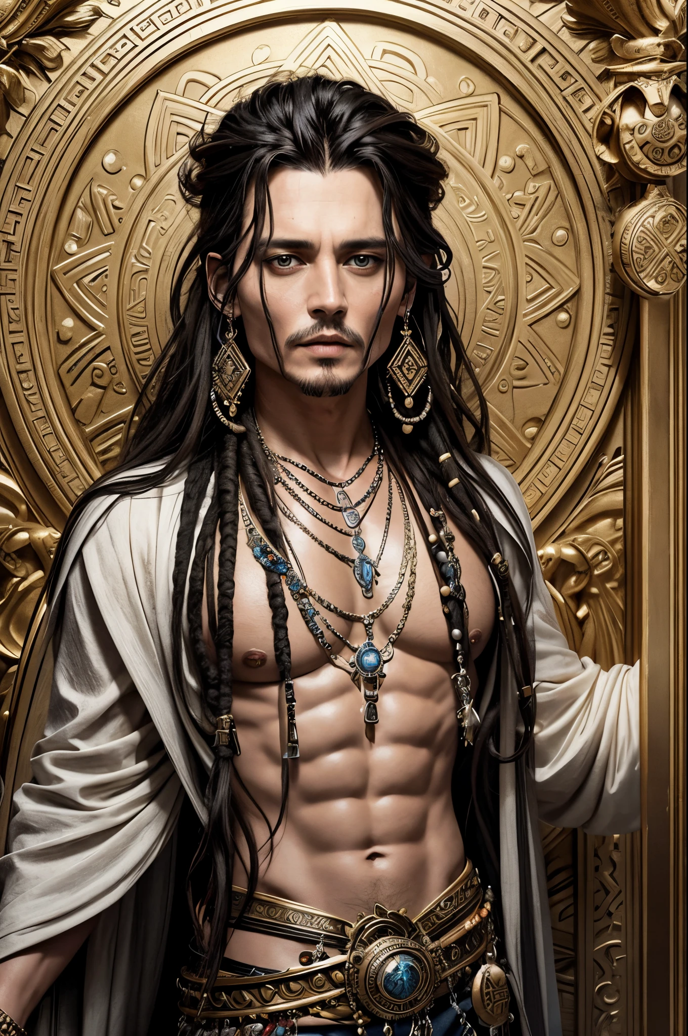 "Generate an AI image portraying Johnny Depp as a mythical Greek god, combining his features with iconic elements of Greek mythology, such as divine attire, accessories, and a backdrop inspired by ancient Greek aesthetics."