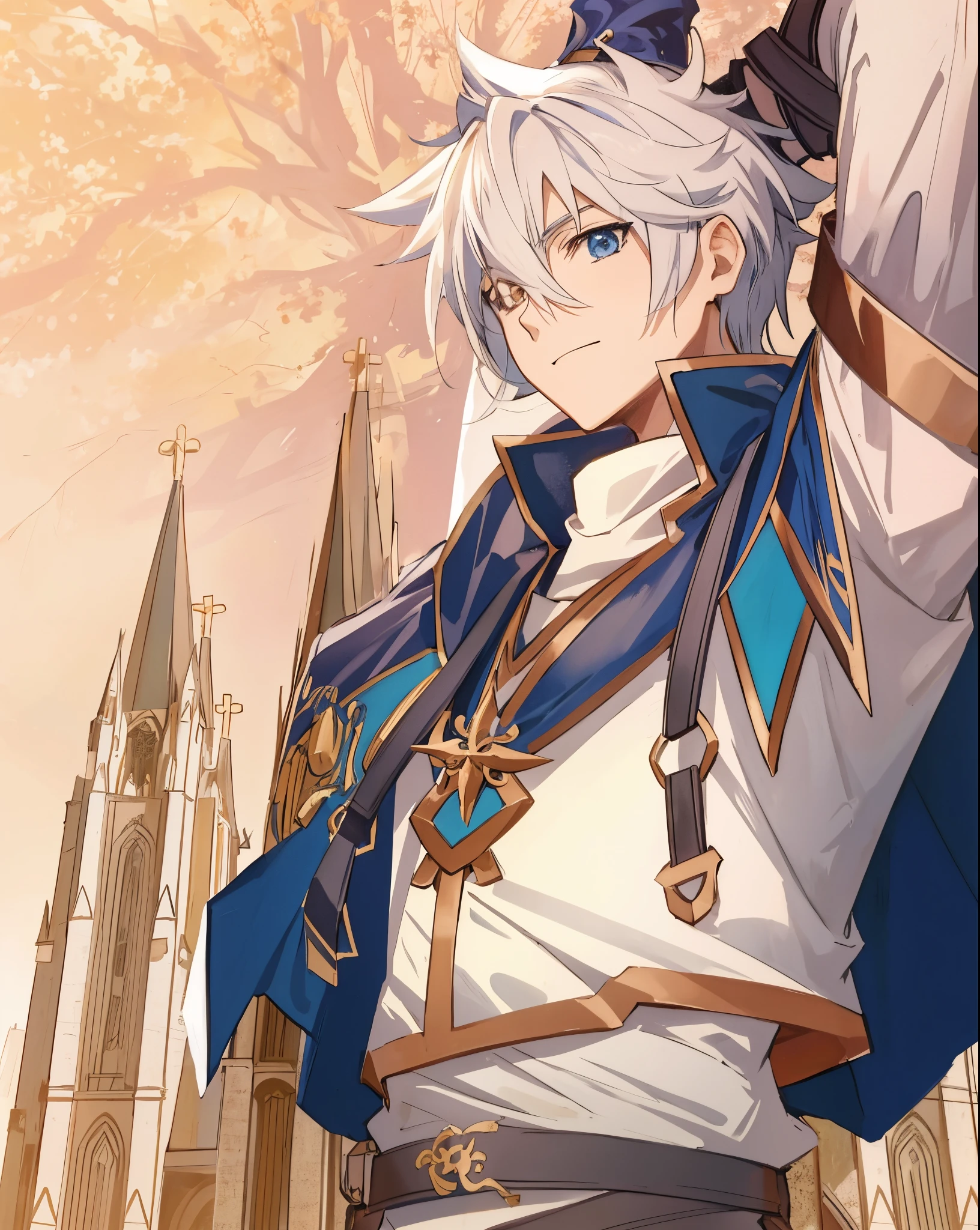 anime - imagem estilo de um homem com cabelos brancos e uma capa azul, arte chave do anime, Keqing de Genshin Impact, arte chave detalhada do anime, Hajime Yatatate, Arte Oficial, Genshin, arte oficial do anime, popular isekai anime, Personagem Genshin Impact, picture of a male cleric, arte oficial altamente detalhada, cara de anime alto com olhos azuis