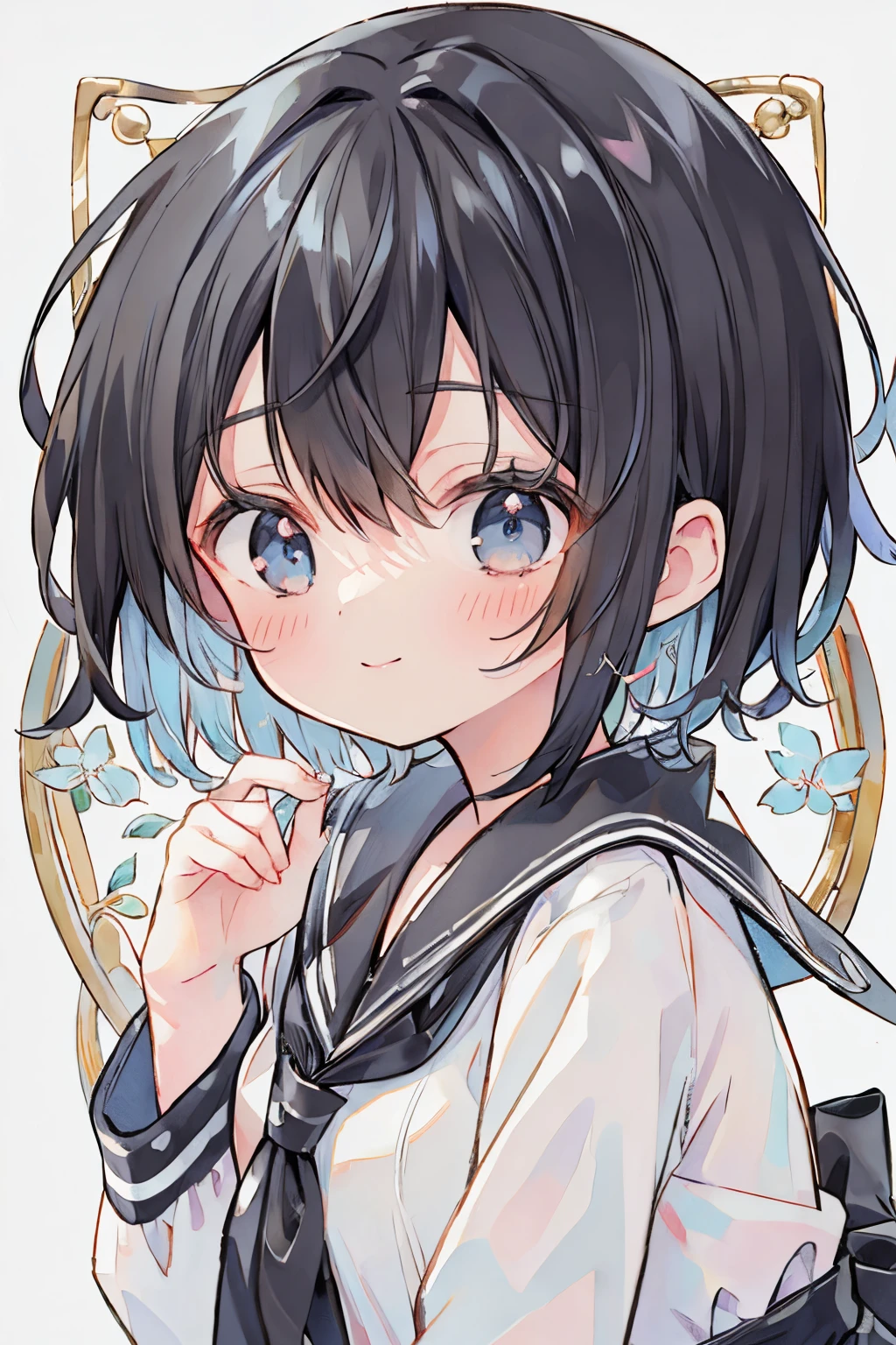 Absurd, high resolution, (Anime tone:1.1), ((Mastepiece)), ((Best quality)), (Super detailed), (Beautiful), beautiful facial features, (lift up), cute girl, viewer's eyes, crouching, sailor suit, pink tie, navy blue skirt, navy blue hair, light blue hair stopper, light blue pins, gentle eyes, delicate eyes, smile, ((((black hair)))), light blue eyes, ((((short hair)))