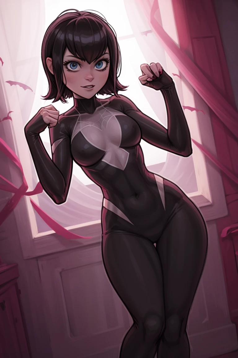 Mavis wearing Spidergwen costume, Spidergwen costume, red and black, mavis, black hair