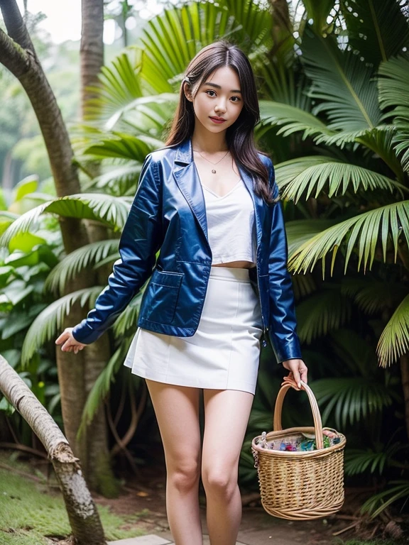 ((top-quality、in 8K、masterpiece:1.3、Raw photo))、Super high quality photos, In the tropical jungle, ((with a business suit on、wearing a blue jacket and skirt)), ((Please wear a white blouse under the jacket)), ((Perfect beauty 20 year old idol Japan woman)), ((A smile)), ((nipples sticking out under the shirt,)), ((slim figure)), ((Slim legs)), ((slim thigh)), ((Perfect beauty 20 year old idol Japan woman)), (Photorealistic: 1.4), (Ultra-high detail), (hyper realisitic: 1.4), (Realistic: 1.3), (Smooth lighting: 1.05), Full body, 1girl in, Solo, (Japanese actressl), 20yr old, cinematlic lighting, ((slim figure)), ((Leaner figure)), Good anatomy, Correct anatomy, In the tropical jungle, ((Perfect beauty 20 year old idol Japan woman)), ((slim figure)), ((Slim legs)), ((slim thigh)), ,((Perfect beauty)), ((holding a small basket in one hand)),