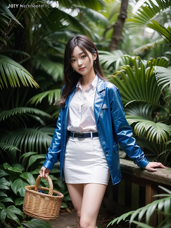 ((top-quality、in 8K、masterpiece:1.3、Raw photo))、Super high quality photos, In the tropical jungle, ((with a business suit on、wearing a blue jacket and skirt)), ((Please wear a white blouse under the jacket)), ((Perfect beauty 20 year old idol Japan woman)), ((A smile)), ((nipples sticking out under the shirt,)), ((slim figure)), ((Slim legs)), ((slim thigh)), ((Perfect beauty 20 year old idol Japan woman)), (Photorealistic: 1.4), (Ultra-high detail), (hyper realisitic: 1.4), (Realistic: 1.3), (Smooth lighting: 1.05), Full body, 1girl in, Solo, (Japanese actressl), 20yr old, cinematlic lighting, ((slim figure)), ((Leaner figure)), Good anatomy, Correct anatomy, In the tropical jungle, ((Perfect beauty 20 year old idol Japan woman)), ((slim figure)), ((Slim legs)), ((slim thigh)), ,((Perfect beauty)), ((holding a small basket in one hand)),