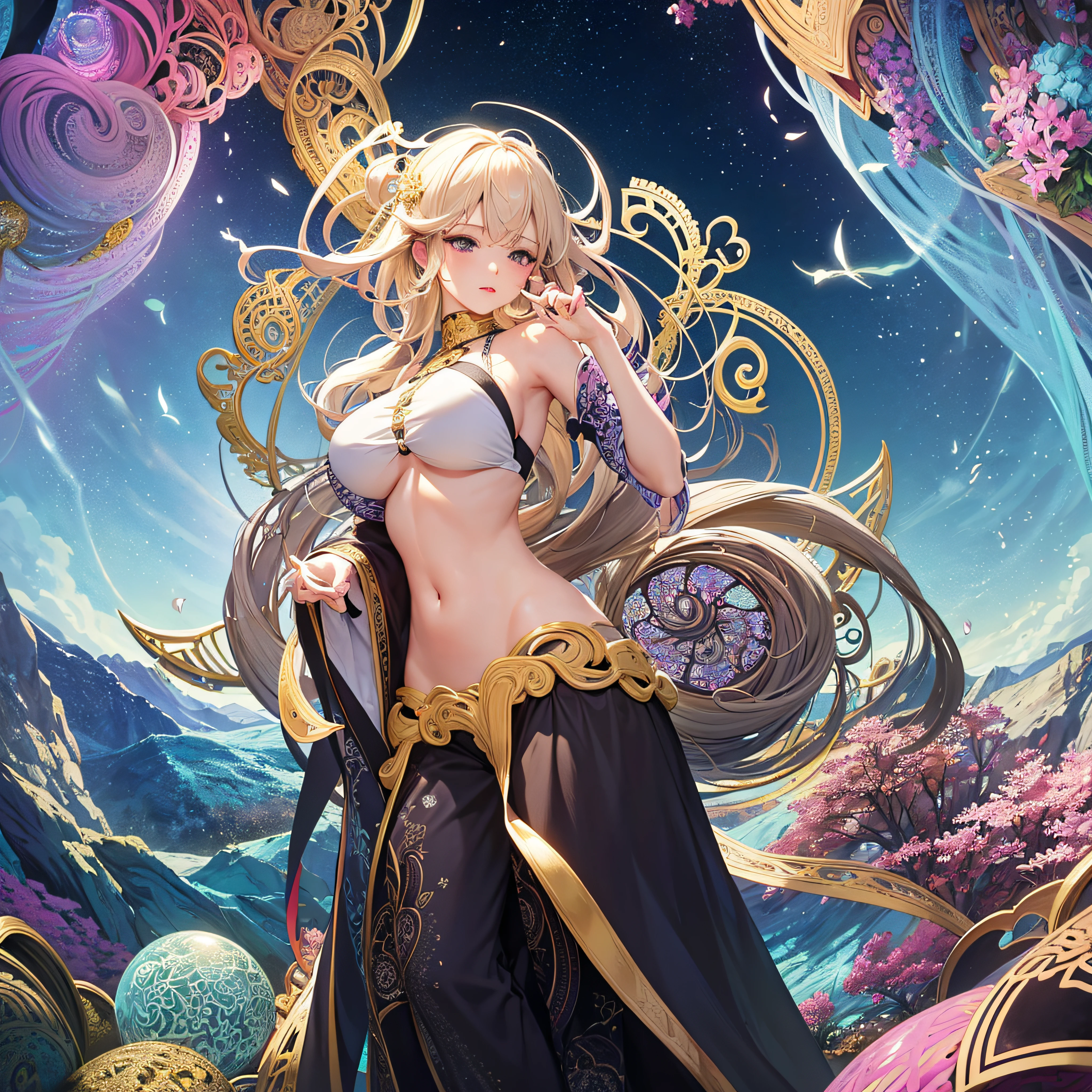 Official art, Unity 8k壁纸, ultra-detailliert, Beautiful and aesthetic, masutepiece, Best Quality, (Zentangle, mandalas, Tangle, Entangle), (Fractal Art:1.3) , 1girl in, Big Breast, Extremely detailed, Dynamic Angle, cowboyshot, Most Beautiful Form of Chaos, Elegant, a brutalist designed, vivd colour, romanticism, Atmospheric, ecstasy of musical notes, streaming musical notes visible