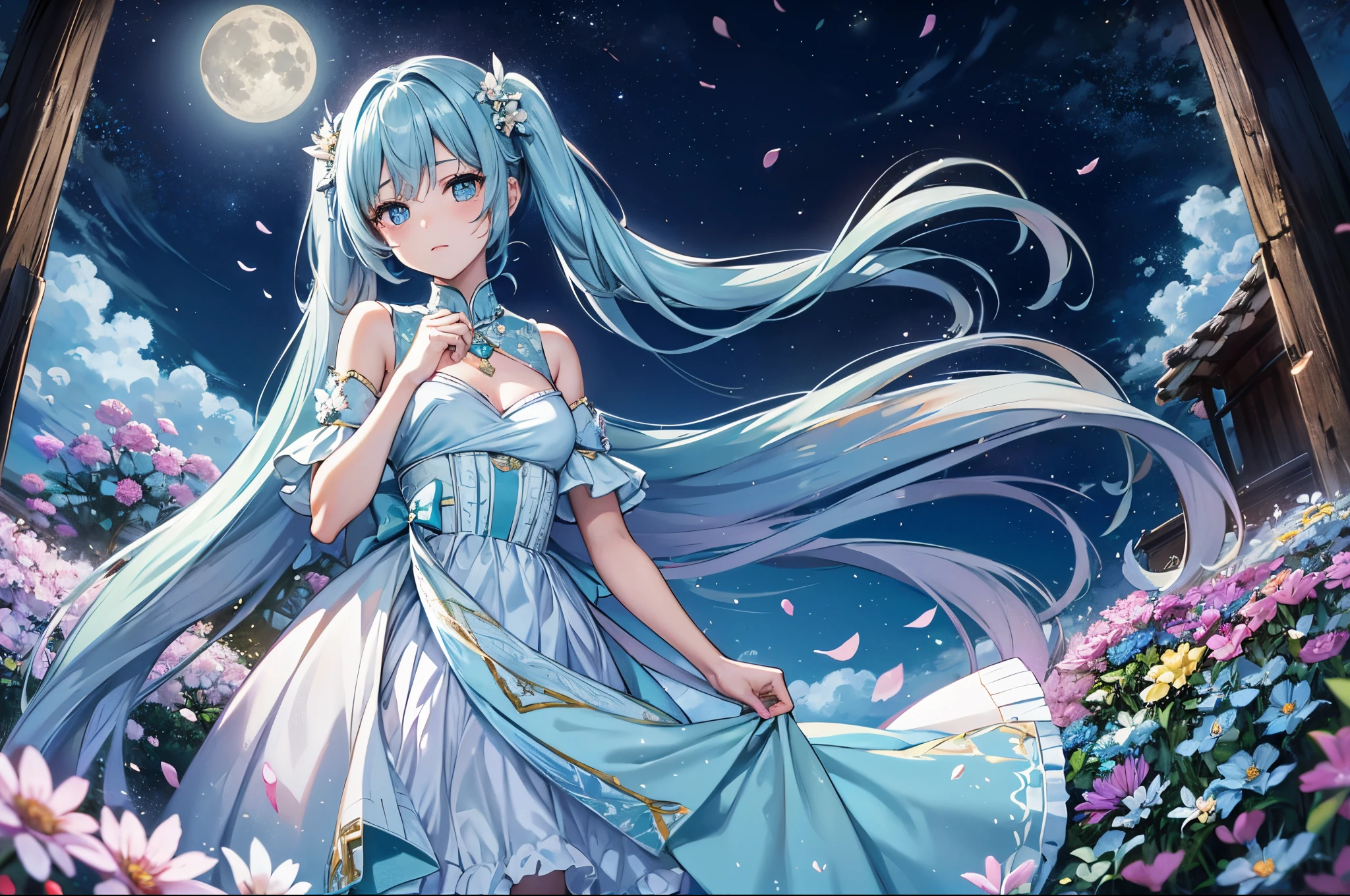 girl standing in the middle.
Light blue long hair、Hairstyle is Twintails、
If the sea of flowers were as beautiful as a dream, Then the girl was the dream of all beautiful dreams.
her eyes were as bright as her teeth. She is a country at first sight々He had a look in his eyes that seemed to destroy it.. her skin was as perfect as jade, and soft like a flower. It would be an insult to her to call her a fairy incarnate.. She was a peerless beauty who could even fold flowers., And the moon hides shyly.