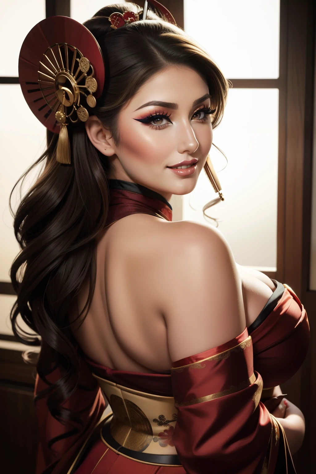 lucy pinder, smiling, ((Very intense makeup)), ((Bright lipstick)), voluptuous, neckline, Geisha