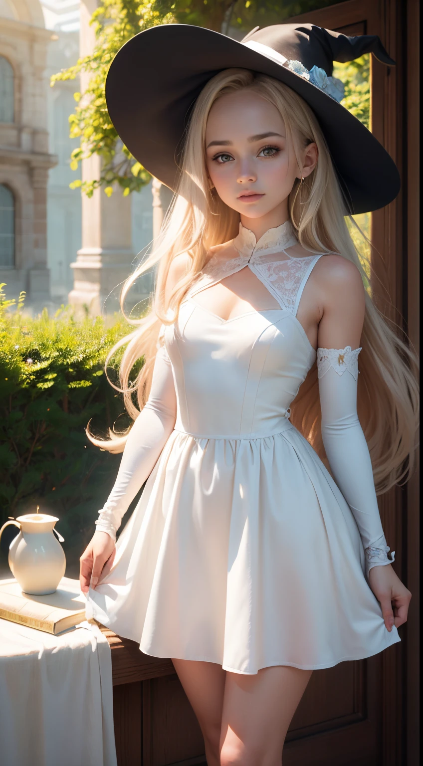 Beautiful Young Witch, petite girl'His face is illuminated by the bright rays of the sun, The girl is dressed in a white tight dress, The perfect female face of the goddess, Деталь 8k, photo realistic style, sharp-focus, Professional lighting, colorful details, The painting is built according to the rule of the golden ratio, Around the garden of white roses., full-arm-gloves, girl stands by a large ancient book