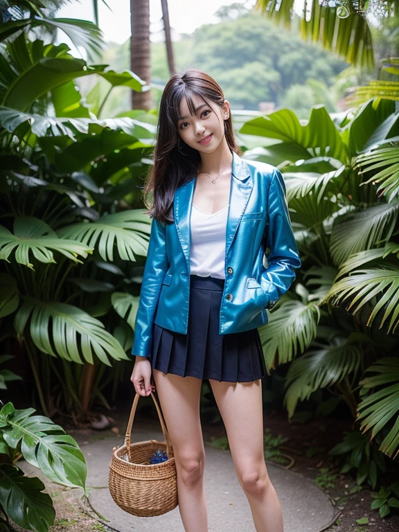 ((top-quality、in 8K、​masterpiece:1.3、Raw photo))、Super high quality photos, In the tropical jungle, ((with a business suit on、wearing a blue jacket and skirt)), ((Wear a white blouse shirt under the jacket)), ((Perfect beauty 20 year old idol Japan woman)), ((a smile)), ((nipples sticking out under the shirt,)), ((slim figure)), ((Slim legs)), ((slim thigh)), ((Perfect beauty 20 year old idol Japan woman)), (Photorealistic: 1.4), (Ultra-high detail), (hyper realisitic: 1.4), (Realistic: 1.3), (Smooth lighting: 1.05), Full body, 1girl in, Solo, (Japanese actressl),　20yr old, cinematlic lighting, ((slim figure)), ((Leaner figure)), Good anatomy, Correct anatomy, In the tropical jungle, ((Perfect beauty 20 year old idol Japan woman)), ((slim figure)), ((Slim legs)), ((slim thigh)), ,((Perfect beauty)), ((holding a small basket in one hand)),