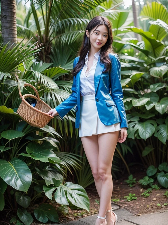 ((top-quality、in 8K、masterpiece:1.3、Raw photo))、Super high quality photos, In the tropical jungle, ((with a business suit on、wearing a blue jacket and skirt)), ((Wear a white blouse shirt under the jacket)), ((Perfect beauty 20 year old idol Japan woman)), ((a smile)), ((nipples sticking out under the shirt,)), ((slim figure)), ((Slim legs)), ((slim thigh)), ((Perfect beauty 20 year old idol Japan woman)), (Photorealistic: 1.4), (Ultra-high detail), (hyper realisitic: 1.4), (Realistic: 1.3), (Smooth lighting: 1.05), Full body, 1girl in, Solo, (Japanese actressl), 20yr old, cinematlic lighting, ((slim figure)), ((Leaner figure)), Good anatomy, Correct anatomy, In the tropical jungle, ((Perfect beauty 20 year old idol Japan woman)), ((slim figure)), ((Slim legs)), ((slim thigh)), ,((Perfect beauty)), ((holding a small basket in one hand)),