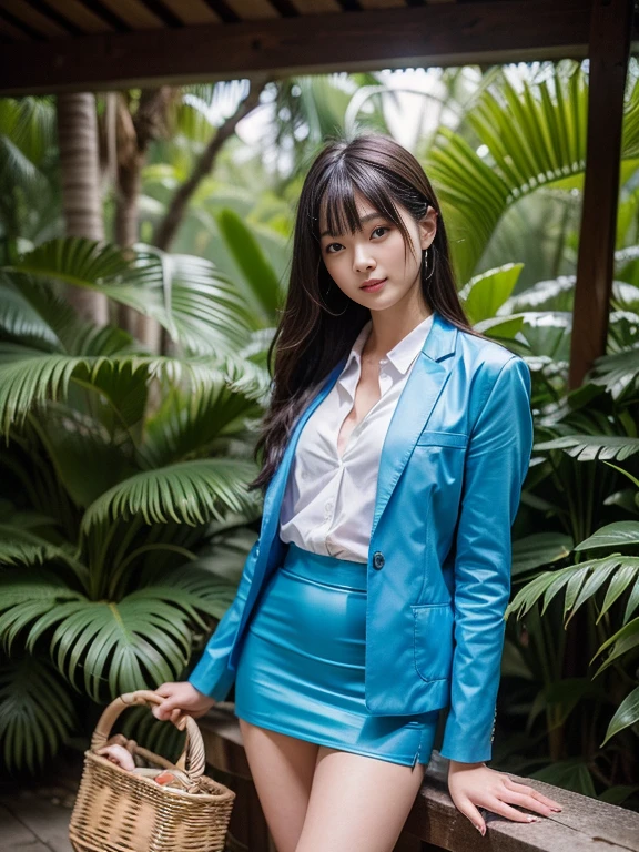 ((top-quality、in 8K、​masterpiece:1.3、Raw photo))、Super high quality photos, In the tropical jungle, ((with a business suit on、wearing a blue jacket and skirt)), ((Wear a white blouse shirt under the jacket)), ((Perfect beauty 20 year old idol Japan woman)), ((a smile)), ((nipples sticking out under the shirt,)), ((slim figure)), ((Slim legs)), ((slim thigh)), ((Perfect beauty 20 year old idol Japan woman)), (Photorealistic: 1.4), (Ultra-high detail), (hyper realisitic: 1.4), (Realistic: 1.3), (Smooth lighting: 1.05), Full body, 1girl in, Solo, (Japanese actressl),　20yr old, cinematlic lighting, ((slim figure)), ((Leaner figure)), Good anatomy, Correct anatomy, In the tropical jungle, ((Perfect beauty 20 year old idol Japan woman)), ((slim figure)), ((Slim legs)), ((slim thigh)), ,((Perfect beauty)), ((holding a small basket in one hand)),