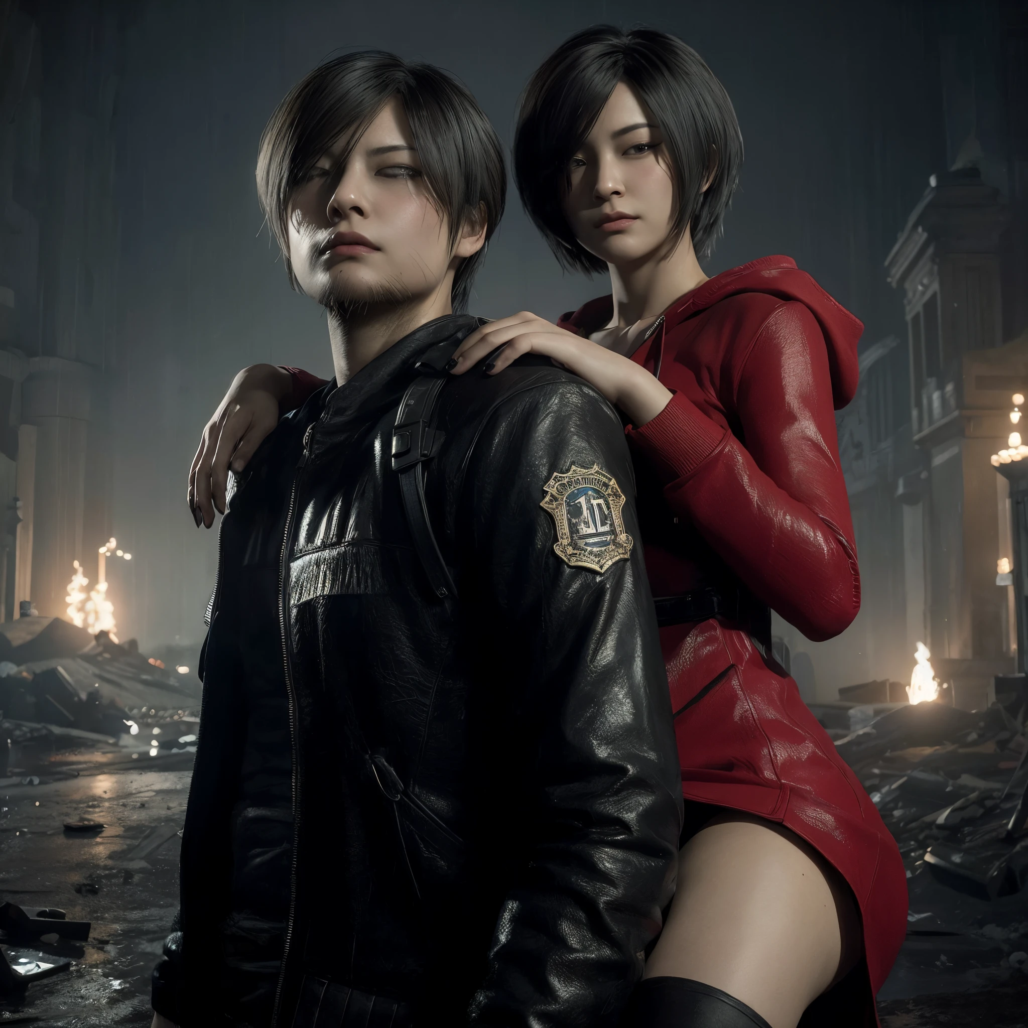 Ada wong ,Woman, wearing red hoody dress, bob hair, red polish, glazed expression, tired, Eyes closed