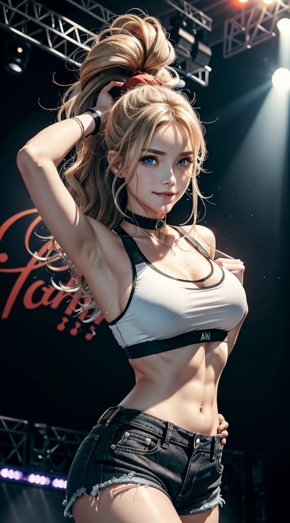 A 23-year-old white woman with unparalleled beauty.、blue eyess、dark blonde、hair is wavy、Longhaire、wears a red headband on his head、The ends of the hair are curled upwards、Dancing on stage at a music festival while dripping with sweat、a smile、She is wearing a black sports bra made by a sports manufacturer.、wearing a black choker、I'm wearing hot pants made of jeans fabric with tight distressing.、The navel is out、My abs are cracked、Slender yet well-proportioned body、sunlight is shining from above、Photorealistic images、8K picture quality、I'm punching my chest、I don't want my head to disappear from the screen.、The color of the jacket is random、I'm wrapping my jacket around my waist、I'm pulling my hair up、I have a wristband on my wrist、Only one leg is wearing thigh-high orange stockings.、Inflating a chewing gum balloon with your mouth