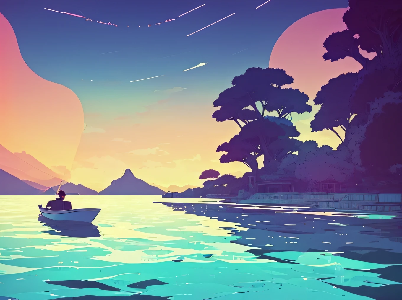 There is a boat floating in the water at sunset，Styled by Atey Ghailan，Atey Ghailan 8 K，by Alena Aenami，Art by Atey Ghailena aenami，Designed by Sylvain Sarrailh，Inspired by Atey Ghailan，The style is Alena aenami，Artistically。Alena Ainami，