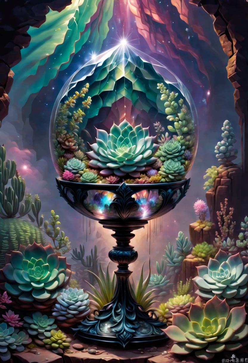 In this painting，We can see a mysterious and gorgeous scene。In the center of the painting is a transparent crystal chalice，it&#39;s huge and gorgeous，Entirely made of transparent crystal material。The Holy Grail is filled with clear liquid，Like a pool of illusory water，Fluctuating slightly。 in the crystal chalice，A magnificent succulent plant grows。Its leaves are whirling and colorful，As if made of gem-like colors，shining brightly。Each leaf has subtle lines and textures，Make it more real and vivid。The stems of succulents also show a transparent texture，Extending from the roots to every corner of the leaves。 The Crystal Grail is surrounded by a fantastic and spectacular scene。clear crystal walls reflect surrounding light，A beautiful light and shadow effect is formed。In the distance is a vast sky，Little bits of light shine in it。at the edge of the sky，A bright moon hovers，Moonlight spilled，illuminates the whole scene。 The whole picture is full of visual impact and sense of the world.。Succulents in clear crystal chalice symbolize the miracle of life and the power of nature，The surrounding light, shadow and starry sky give people a mysterious atmosphere。This painting combines succulents with a clear crystal chalice，presents a very charming and imaginative scene。 I hope this painting can bring you visual enjoyment and impact，Let you feel the unique beauty of succulents。