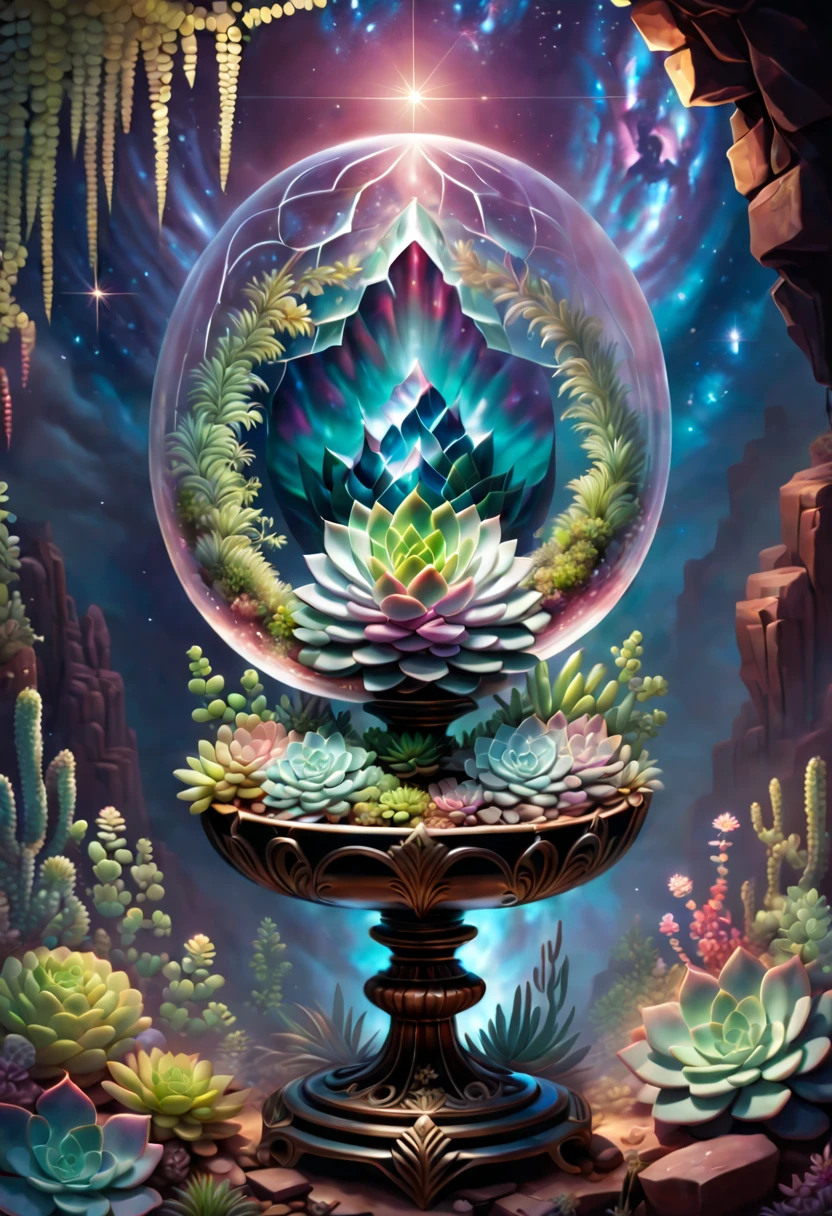 In this painting，We can see a mysterious and gorgeous scene。In the center of the painting is a transparent crystal chalice，it&#39;s huge and gorgeous，Entirely made of transparent crystal material。The Holy Grail is filled with clear liquid，Like a pool of illusory water，Fluctuating slightly。 in the crystal chalice，A magnificent succulent plant grows。Its leaves are whirling and colorful，As if made of gem-like colors，shining brightly。Each leaf has subtle lines and textures，Make it more real and vivid。The stems of succulents also show a transparent texture，Extending from the roots to every corner of the leaves。 The Crystal Grail is surrounded by a fantastic and spectacular scene。clear crystal walls reflect surrounding light，A beautiful light and shadow effect is formed。In the distance is a vast sky，Little bits of light shine in it。at the edge of the sky，A bright moon hovers，Moonlight spilled，illuminates the whole scene。 The whole picture is full of visual impact and sense of the world.。Succulents in clear crystal chalice symbolize the miracle of life and the power of nature，The surrounding light, shadow and starry sky give people a mysterious atmosphere。This painting combines succulents with a clear crystal chalice，presents a very charming and imaginative scene。 I hope this painting can bring you visual enjoyment and impact，Let you feel the unique beauty of succulents。