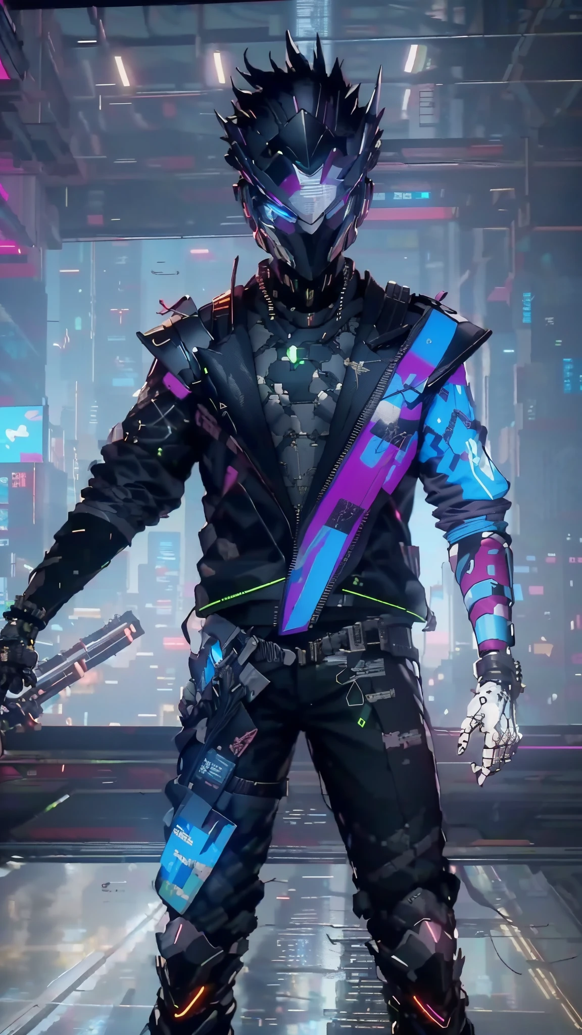 there is a man in a black and green outfit with a backpack, cyberpunk streetwear, cyberpunk suit, cyberpunk street goon, cyberpunk wearing, cyberpunk techwear, muted cyberpunk style, has cyberpunk style, style of cyberpunk, wearing cyberpunk streetwear, cyberpunk soldier, hyper-realistic cyberpunk style, cyberpunk character design, all black cyberpunk clothes, crow in cyber armour, cyberpunk clothes