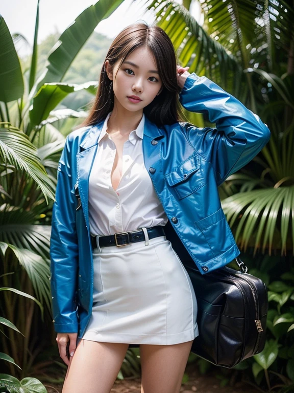 ((top-quality、in 8K、masterpiece:1.3、Raw photo))、Super high quality photos, In the tropical jungle, ((with a business suit on、wearing a blue jacket and skirt)), ((Wear a white blouse shirt under the jacket)), ((Perfect beauty 20 year old idol Japan woman)), ((a smile)), ((nipples sticking out under the shirt,)), ((slim figure)), ((Slim legs)), ((slim thigh)), ((Perfect beauty 20 year old idol Japan woman)), (Photorealistic: 1.4), (Ultra-high detail), (hyper realisitic: 1.4), (Realistic: 1.3), (Smooth lighting: 1.05), Full body, 1girl in, Solo, (Japanese actressl), 20yr old, cinematlic lighting, ((slim figure)), ((Leaner figure)), Good anatomy, Correct anatomy, In the tropical jungle, ((Perfect beauty 20 year old idol Japan woman)), ((slim figure)), ((Slim legs)), ((slim thigh)), ,((Perfect beauty)), ((He has a small camping bag in one hand.)),
