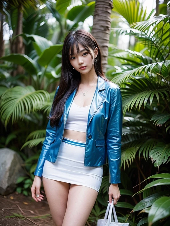 ((top-quality、in 8K、​masterpiece:1.3、Raw photo))、Super high quality photos, In the tropical jungle, ((with a business suit on、wearing a blue jacket and skirt)), ((Wear a white blouse shirt under the jacket)), ((Perfect beauty 20 year old idol Japan woman)), ((a smile)), ((nipples sticking out under the shirt,)), ((slim figure)), ((Slim legs)), ((slim thigh)), ((Perfect beauty 20 year old idol Japan woman)), (Photorealistic: 1.4), (Ultra-high detail), (hyper realisitic: 1.4), (Realistic: 1.3), (Smooth lighting: 1.05), Full body, 1girl in, Solo, (Japanese actressl),　20yr old, cinematlic lighting, ((slim figure)), ((Leaner figure)), Good anatomy, Correct anatomy, In the tropical jungle, ((Perfect beauty 20 year old idol Japan woman)), ((slim figure)), ((Slim legs)), ((slim thigh)), ,((Perfect beauty)), ((He has a small camping bag in one hand.)),