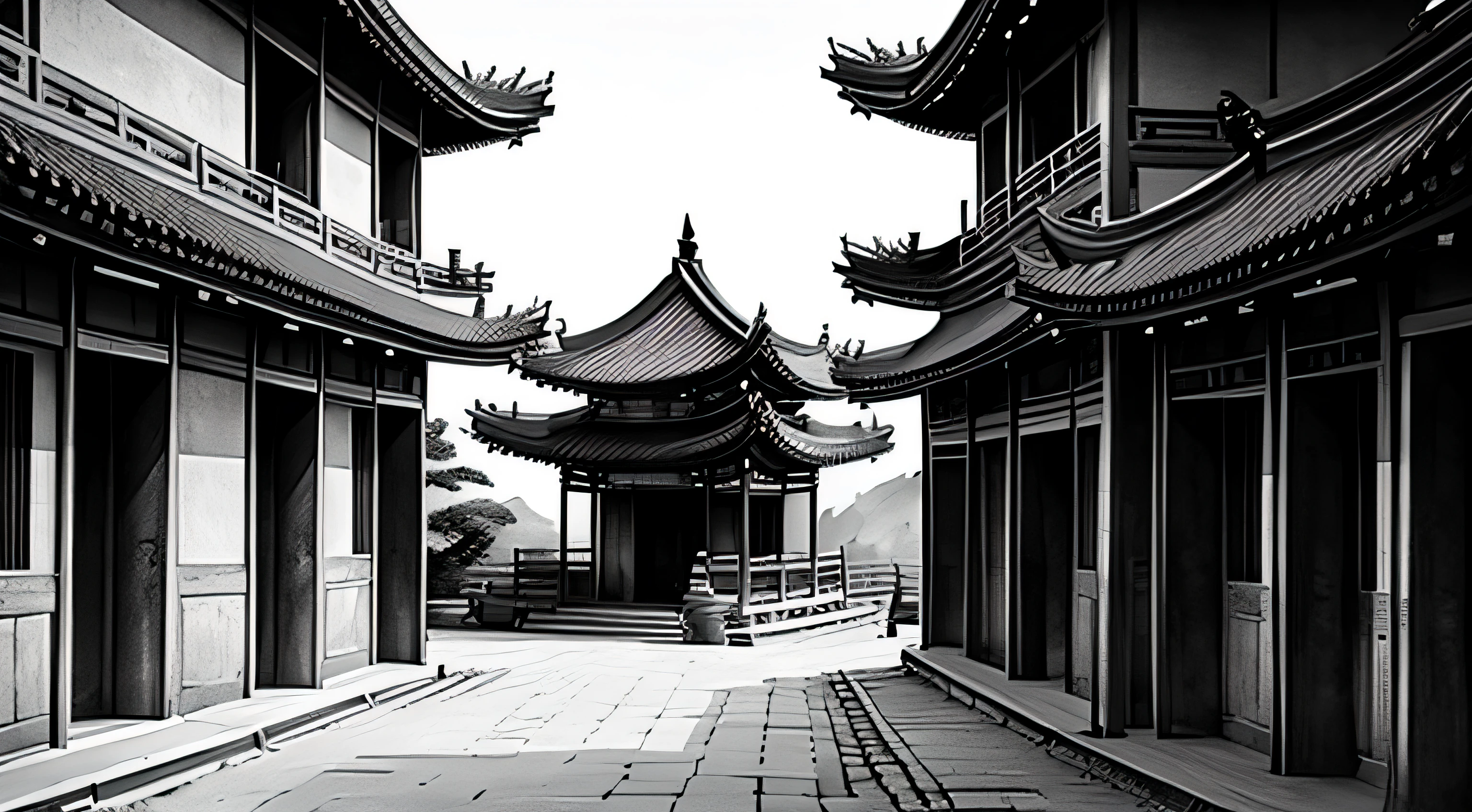 In ancient China, The war caused every household in the imperial city to close its doors..,There's no one on the street。Use black and white tones,use vista