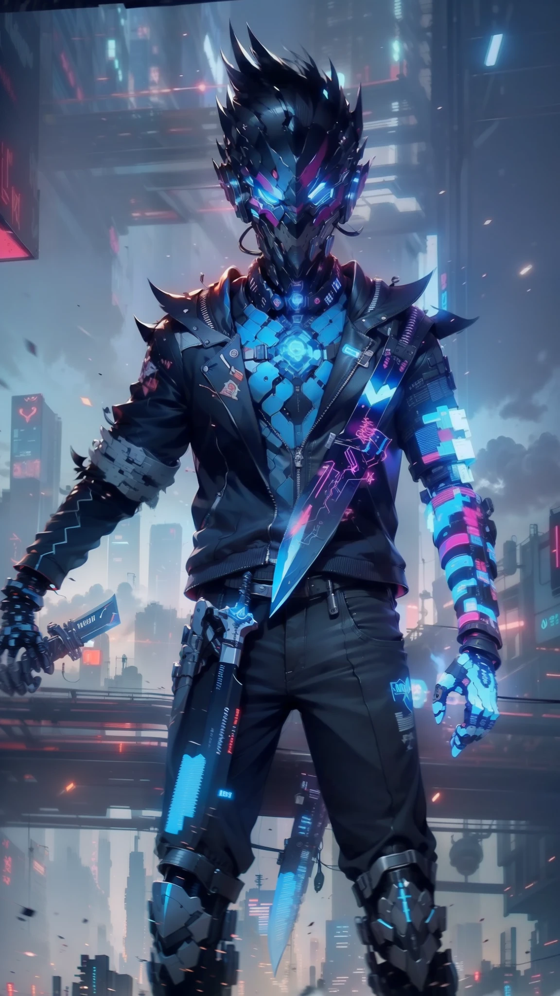 There was a boy wearing a mask，With a knife in his hand, Hyper-realistic cyberpunk style，Digital cyberpunk anime style，cyan colors
