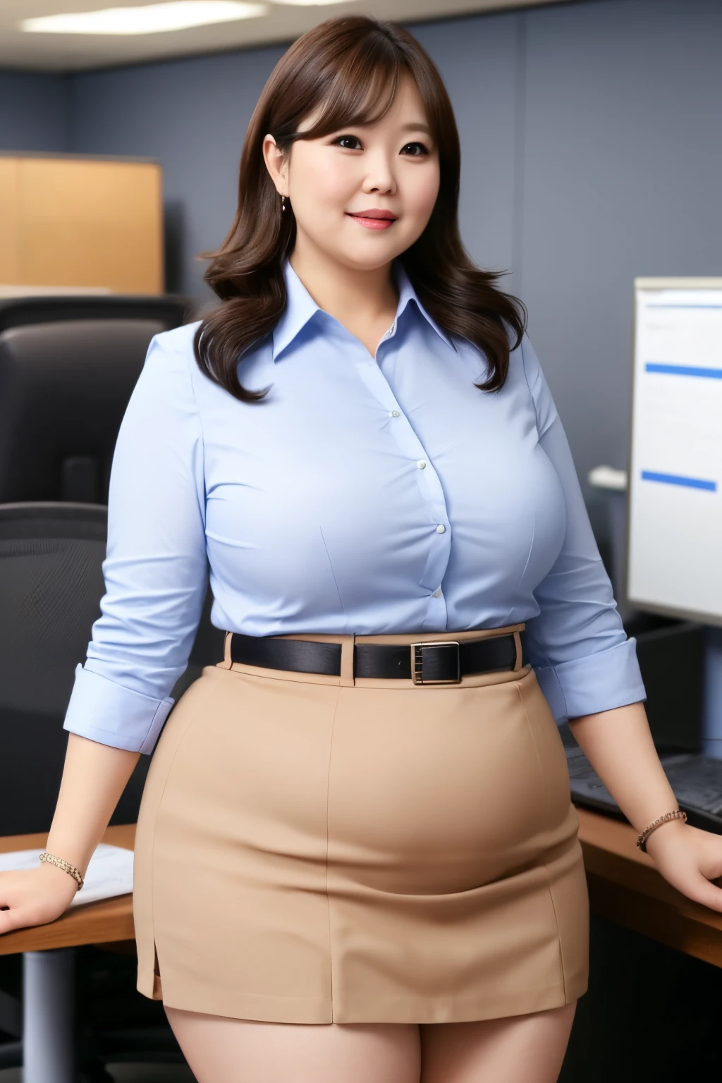 A chubby office lady wearing a miniskirt