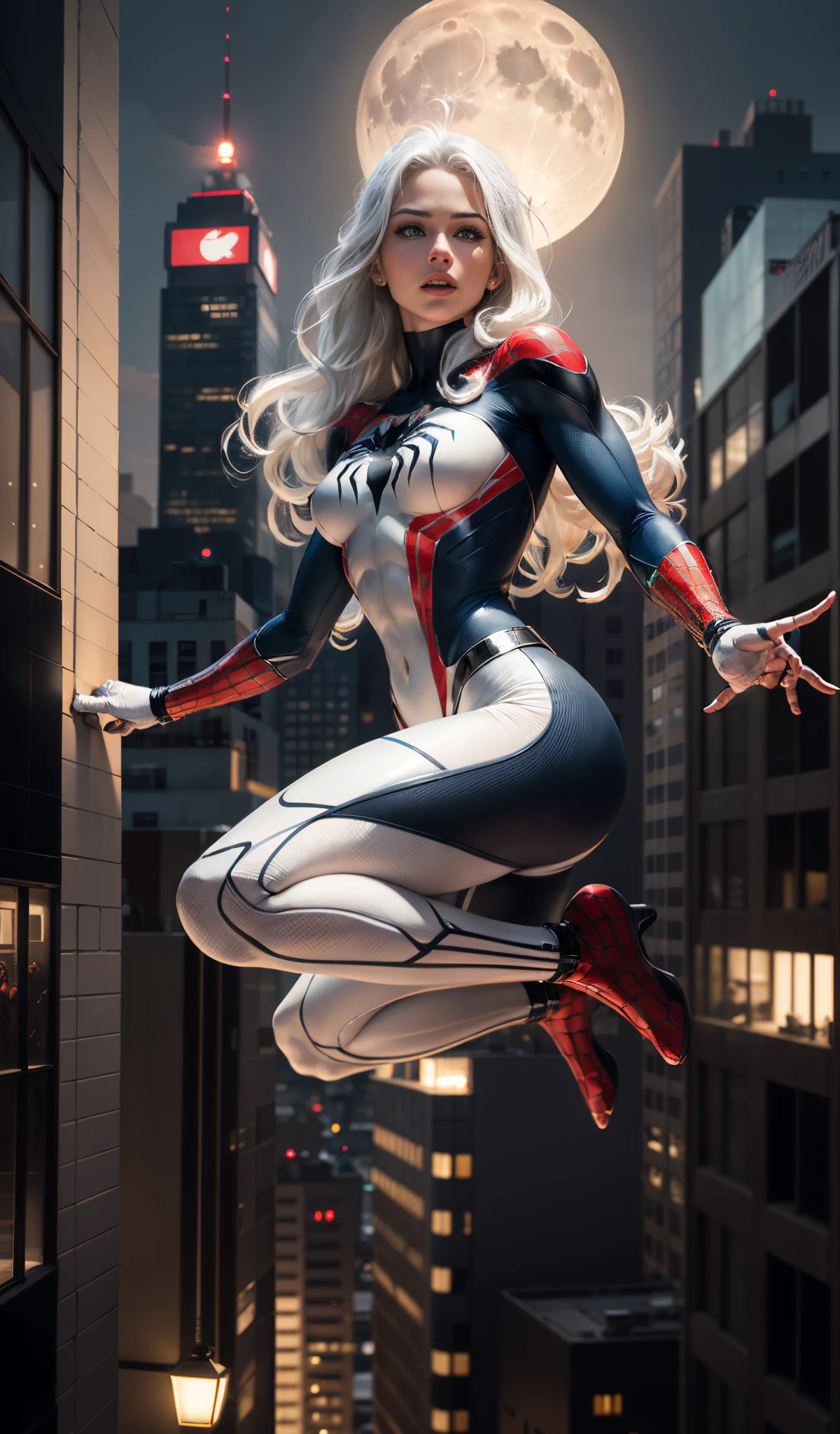 (Masterpiece, 4k resolution, ultra-realistic, very detailed), (White superhero theme, charismatic, there's a girl on top of town, wearing Spider-Man costume, she's a superhero), [ ((25 years), (long white hair:1.2), full body, (blue eyes:1.2), ((Spider-Man pose),show of strength, jumping from one building to another), ((sandy urban environment):0.8)| (cityscape, at night, dynamic lights), (full moon))] # Explanation: The Prompt mainly describes a 4K painting of ultra-high definition, very realistic, very detailed. It shows a superheroine at the top of the city, wearing a Spider-Man costume. The theme in the painting is a white superhero theme, the female protagonist has long white hair, is 25 years old and her entire body is shown in the painting. In terms of portraying the actions of superheroines, spiders are employed