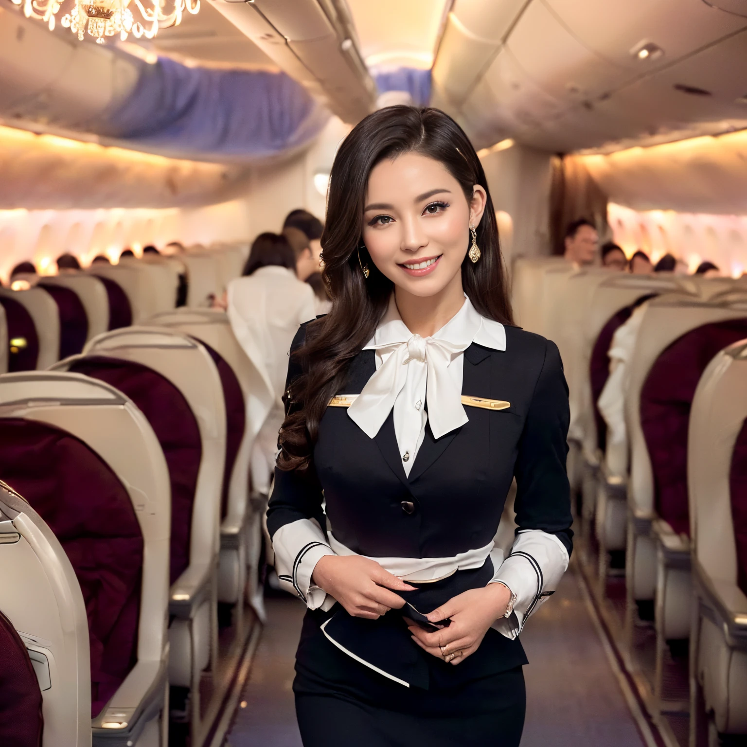 1beautiful womanl, 28years、hyperdetailed face、Detailed lips、A detailed eye、double eyelid、(Black bob hair、Smiling while walking gracefully down the aisle)、(Stewardess uniform:1.2)、((mini skirt:1.5)) (Glamorous body)、(Colossal tits)、(large full breasts)(big butts)(Plump body)(plump body shape)( large full breasts)(Colossal tits)((J-Cup))、highs thighs thighs thighs, Perfect fit, Perfect image realism, Background with: (Business Class aisle on airplanes:1.2), Cowboy Shot, Meticulous background, detailed costume, Perfect litthing、Hyper-Realism、(Photorealsitic:1.4)、8K maximum resolution, (masterpiece), ighly detailed, Professional