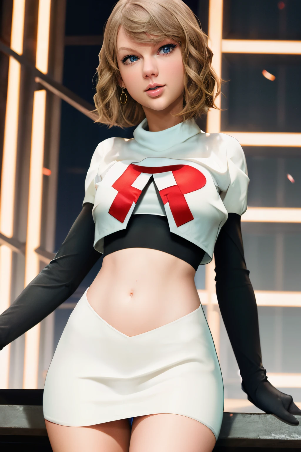 the face of Taylor Swift, 1girl,team rocket,team rocket uniform, red letter R, white skirt,white crop top,black thigh-highs,black elbow gloves